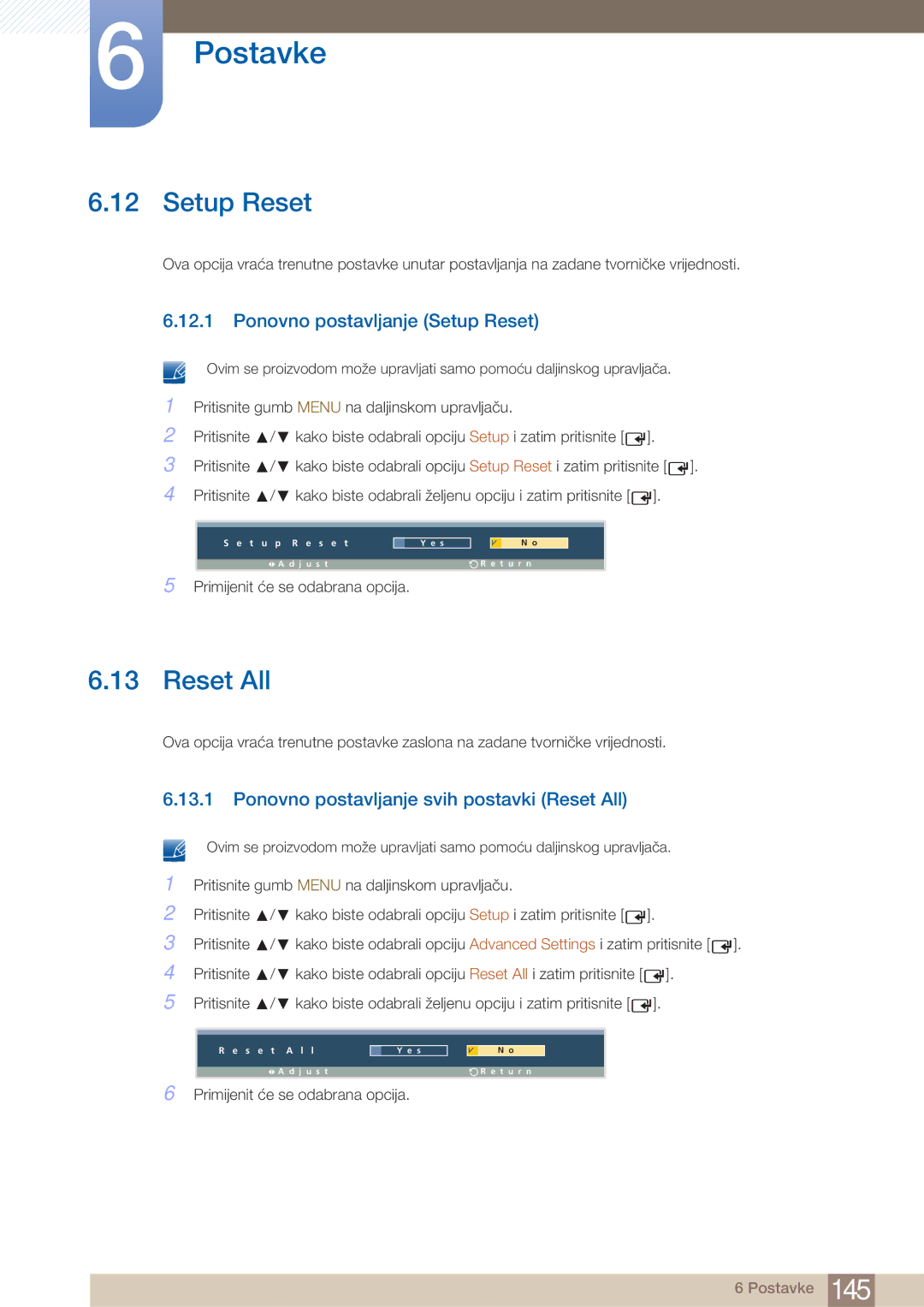 Samsung LH40ARPLBC/EN manual Ponovno postavljanje Setup Reset, Ponovno postavljanje svih postavki Reset All 