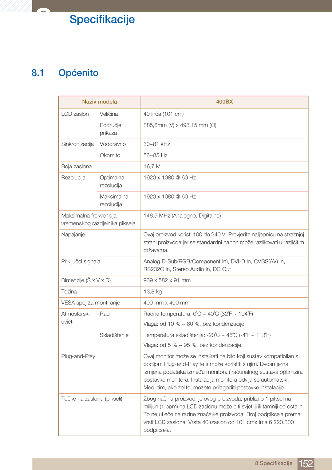 Samsung LH40ARPLBC/EN manual Specifikacije, Općenito 