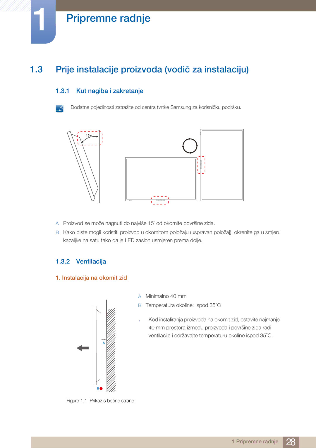 Samsung LH40ARPLBC/EN manual Prije instalacije proizvoda vodič za instalaciju, Kut nagiba i zakretanje, Ventilacija 