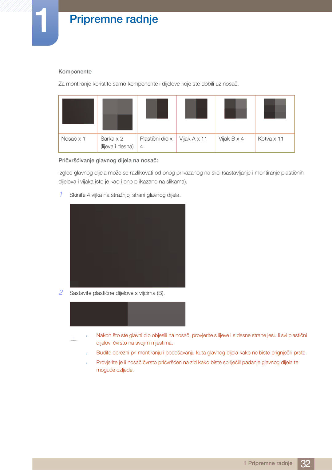 Samsung LH40ARPLBC/EN manual Komponente, Pričvršćivanje glavnog dijela na nosač 