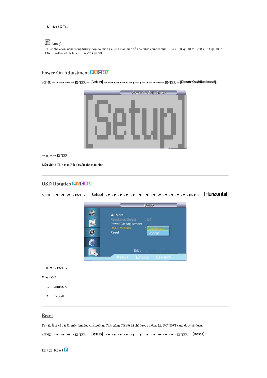 Samsung LH40BVPLBF/XY, LH40BVTLBC/XY manual Power On Adjustment, OSD Rotation, Image Reset 