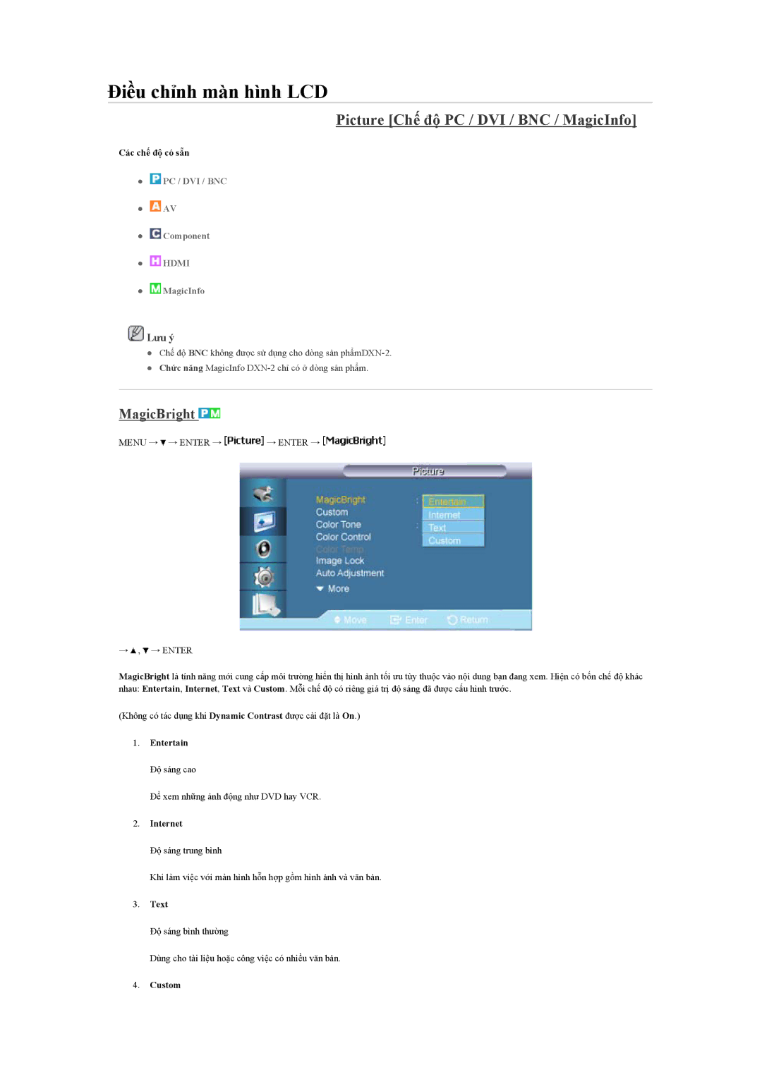 Samsung LH40BVPLBF/XY, LH40BVTLBC/XY manual Picture Chế độ PC / DVI / BNC / MagicInfo, MagicBright 