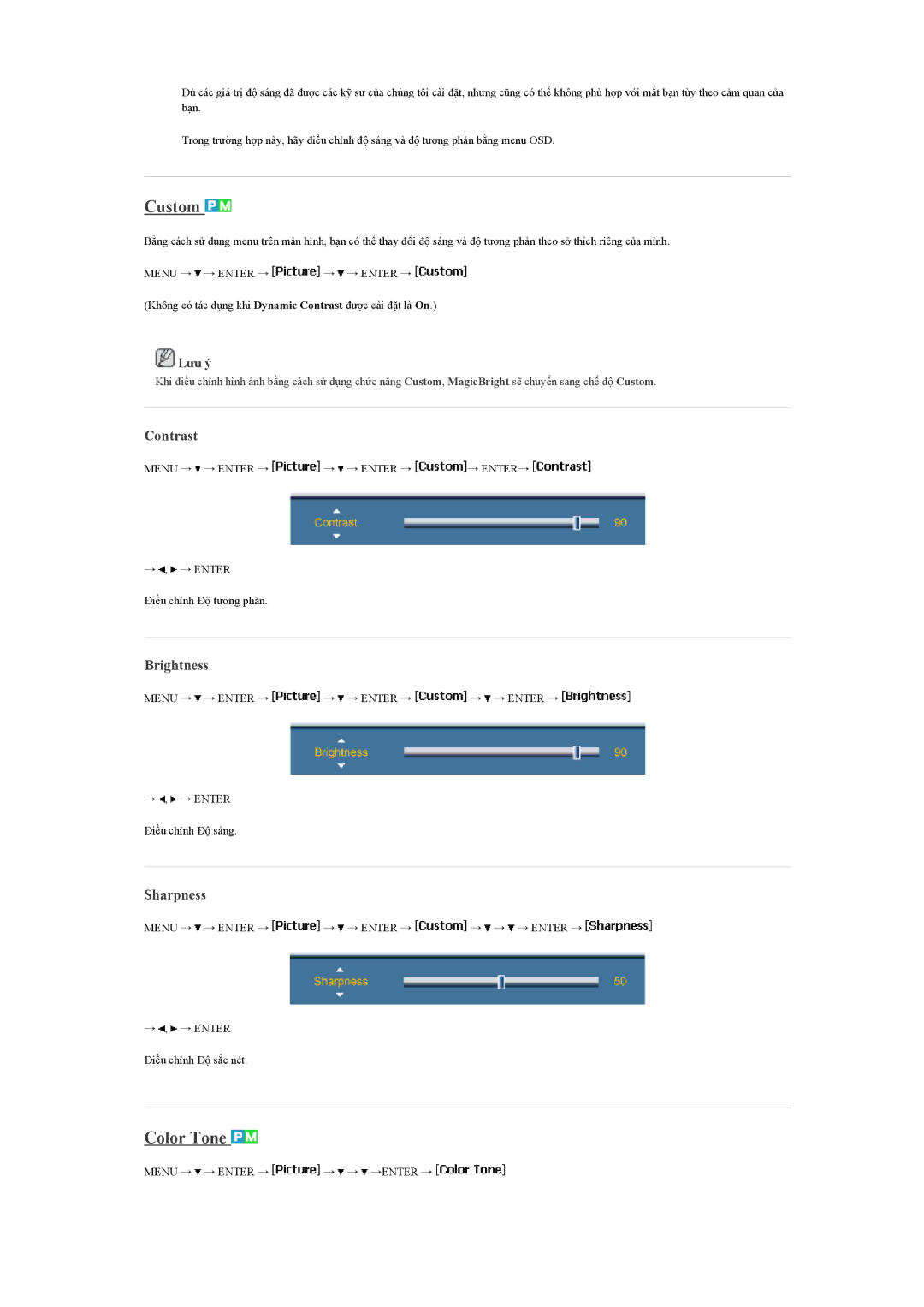 Samsung LH40BVTLBC/XY, LH40BVPLBF/XY manual Custom, Color Tone, Contrast, Brightness, Sharpness 