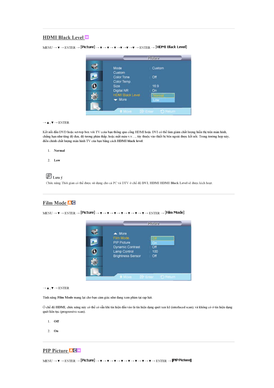 Samsung LH40BVPLBF/XY, LH40BVTLBC/XY manual Hdmi Black Level, Film Mode 
