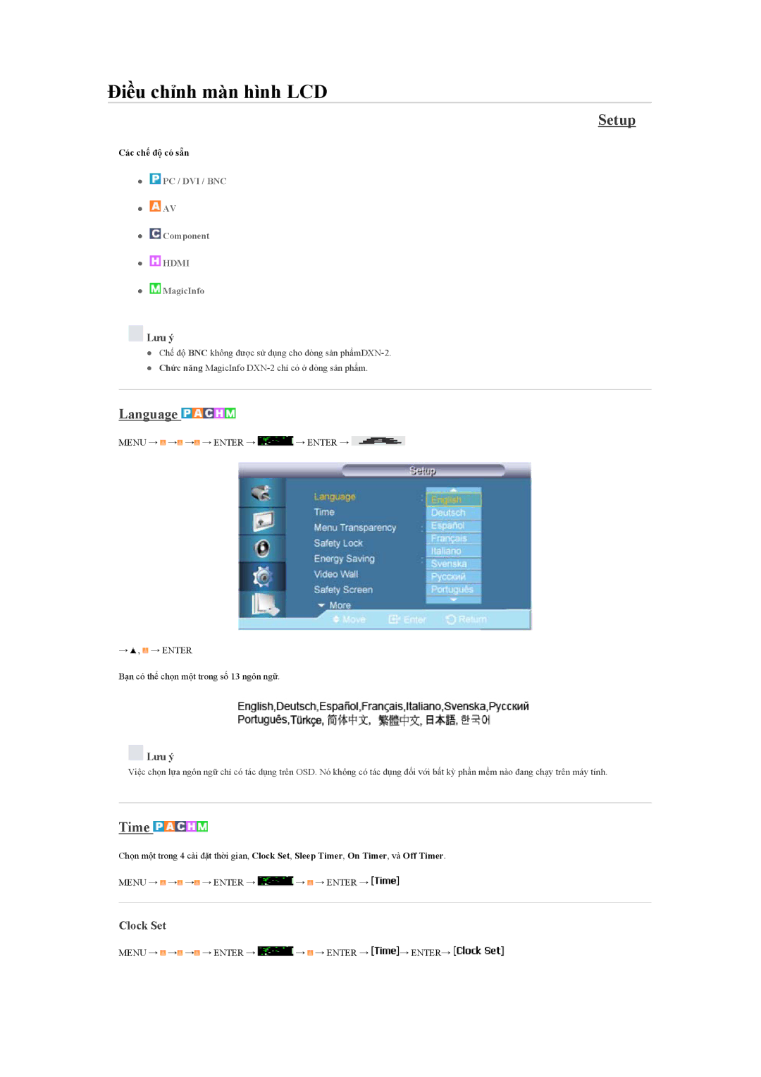 Samsung LH40BVPLBF/XY, LH40BVTLBC/XY manual Setup, Language, Time, Clock Set 