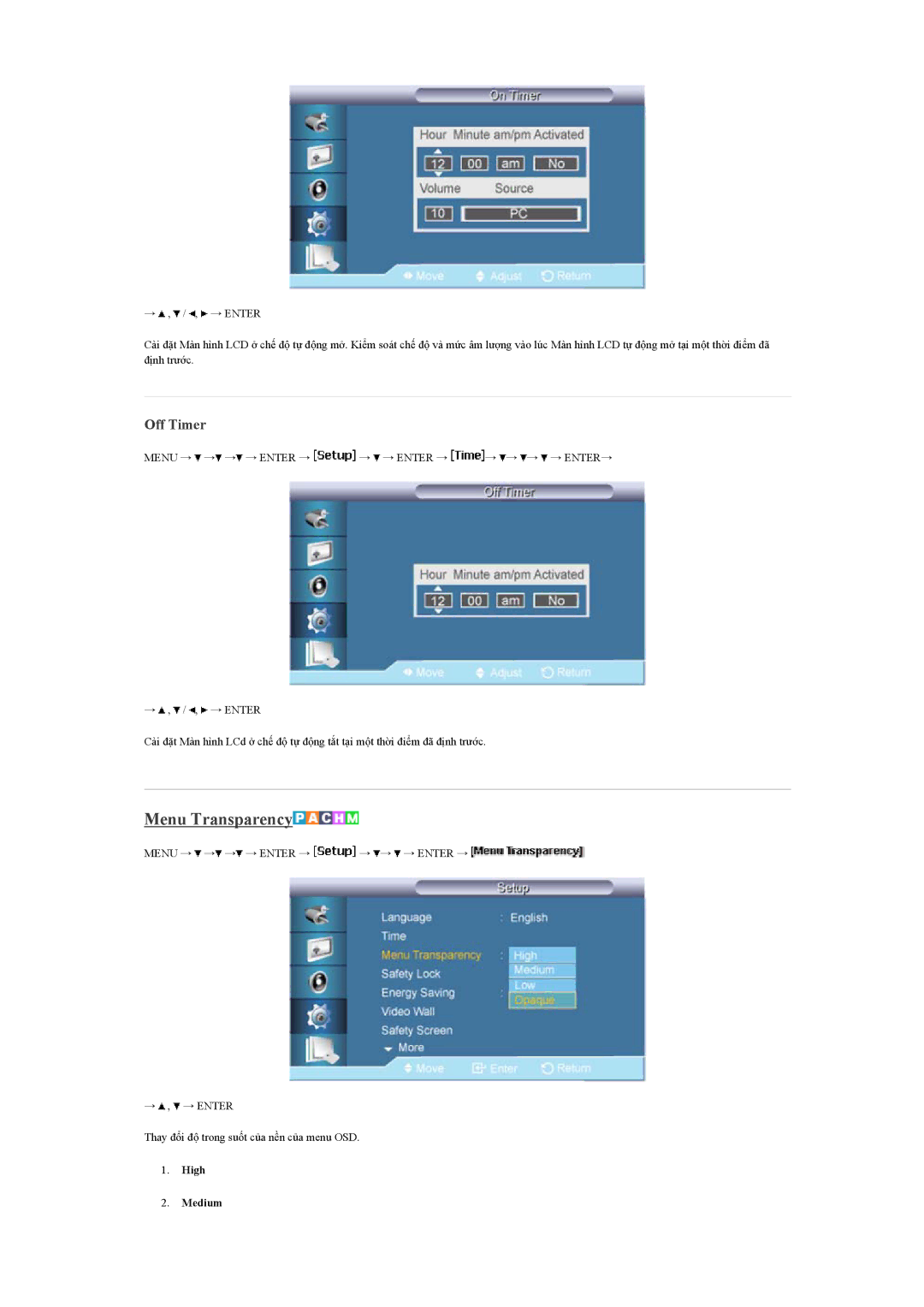 Samsung LH40BVPLBF/XY, LH40BVTLBC/XY manual Menu Transparency, Off Timer 