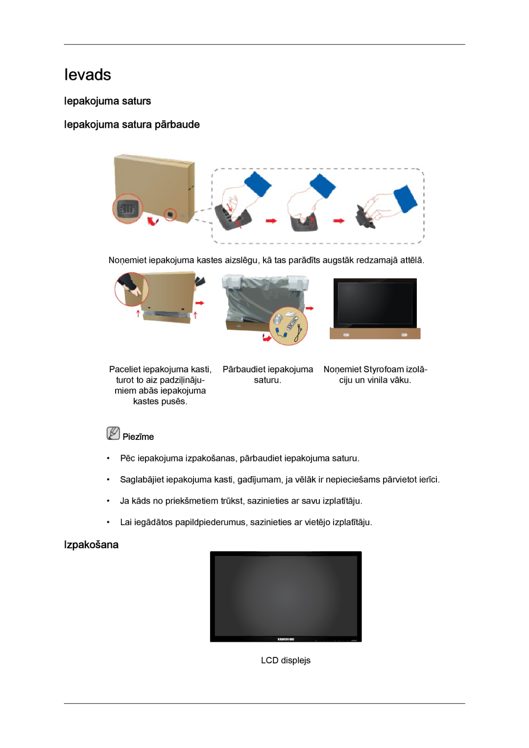 Samsung LH40CRPMBD/EN, LH40CRPMBC/EN manual Iepakojuma saturs Iepakojuma satura pārbaude, Izpakošana 