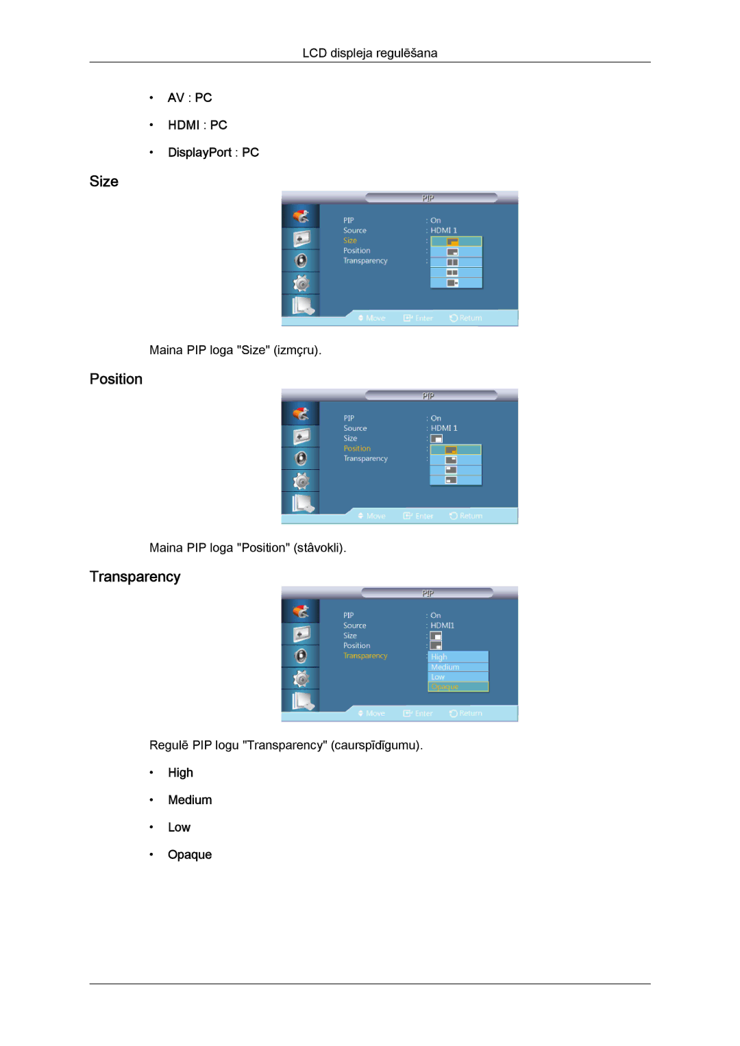 Samsung LH40CRPMBC/EN, LH40CRPMBD/EN manual Size, Position, Transparency 