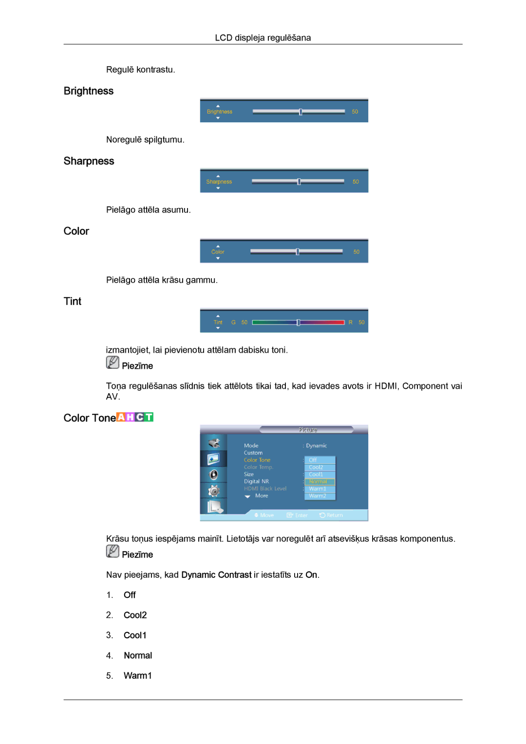 Samsung LH40CRPMBD/EN, LH40CRPMBC/EN manual Brightness, Sharpness, Color, Tint, Off Cool2 Cool1 Normal Warm1 