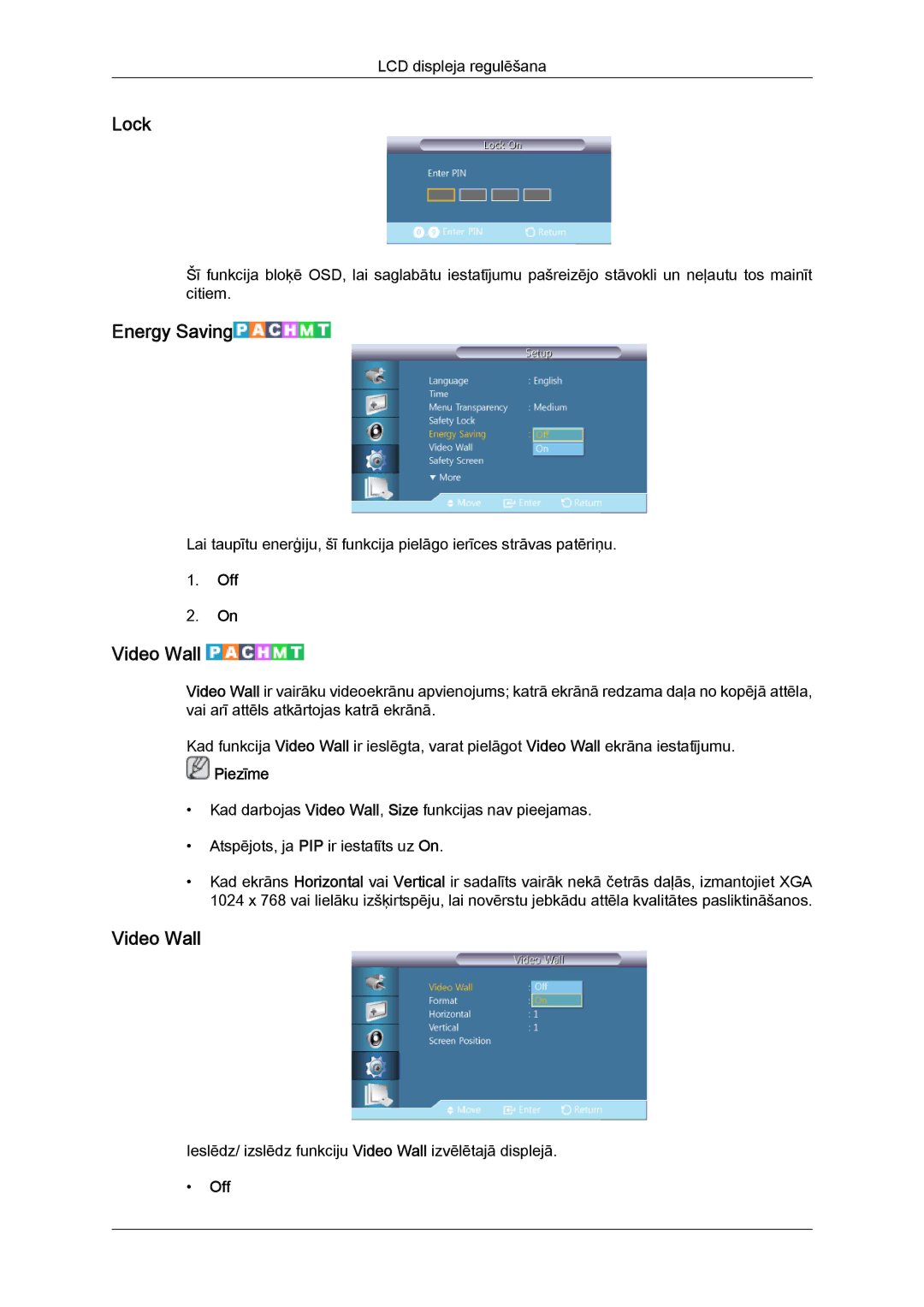 Samsung LH40CRPMBC/EN, LH40CRPMBD/EN manual Lock, Energy Saving, Video Wall 