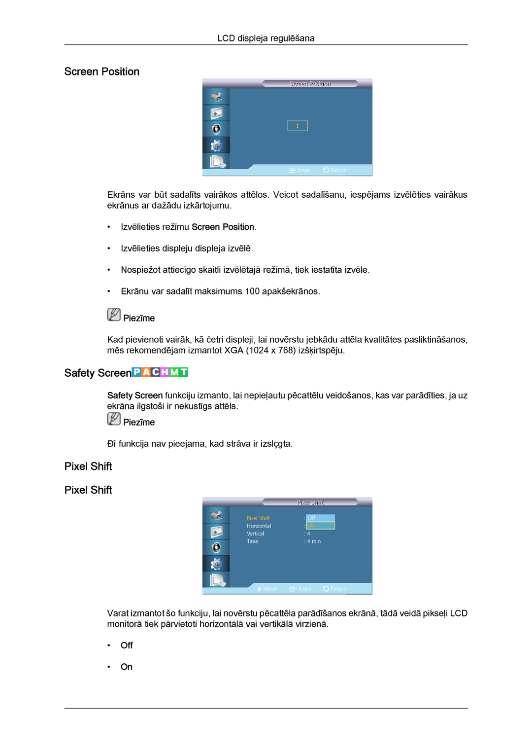 Samsung LH40CRPMBC/EN, LH40CRPMBD/EN manual Screen Position, Safety Screen, Pixel Shift 