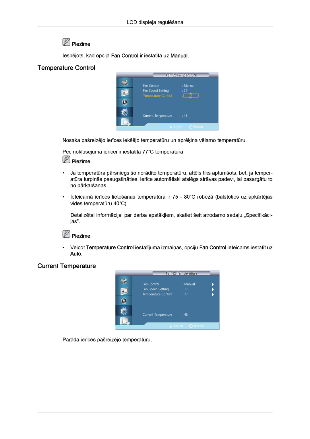 Samsung LH40CRPMBC/EN, LH40CRPMBD/EN manual Temperature Control, Current Temperature, Auto 