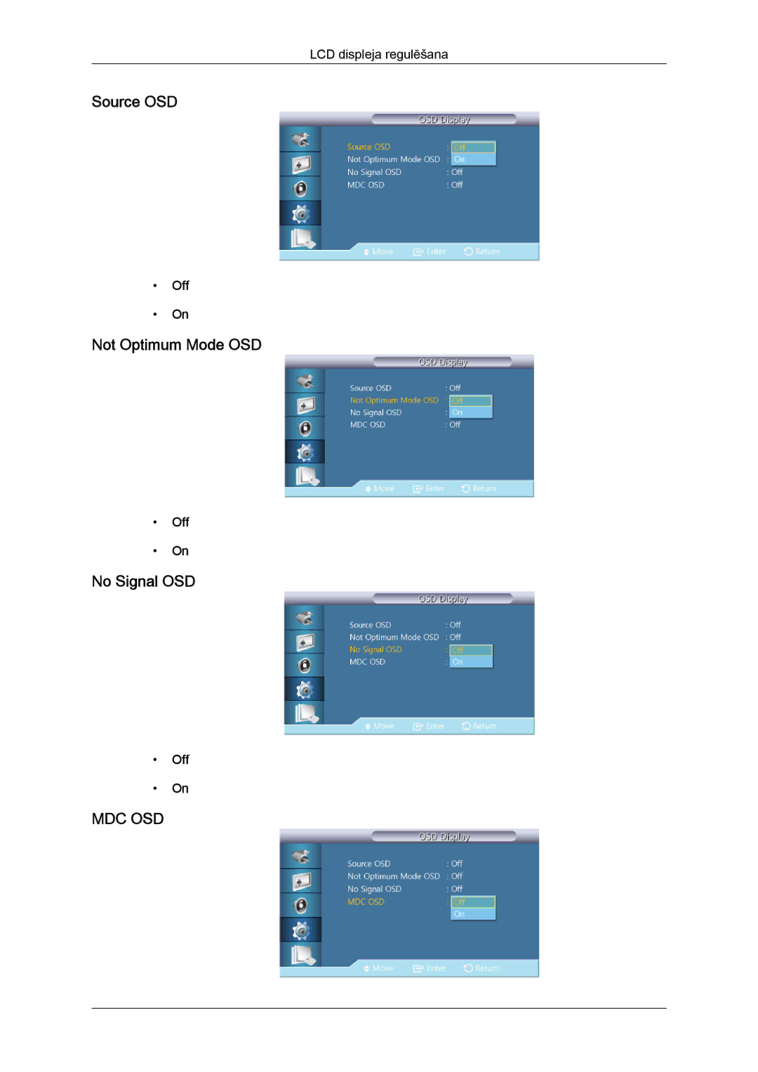 Samsung LH40CRPMBD/EN, LH40CRPMBC/EN manual Source OSD, Not Optimum Mode OSD, No Signal OSD 