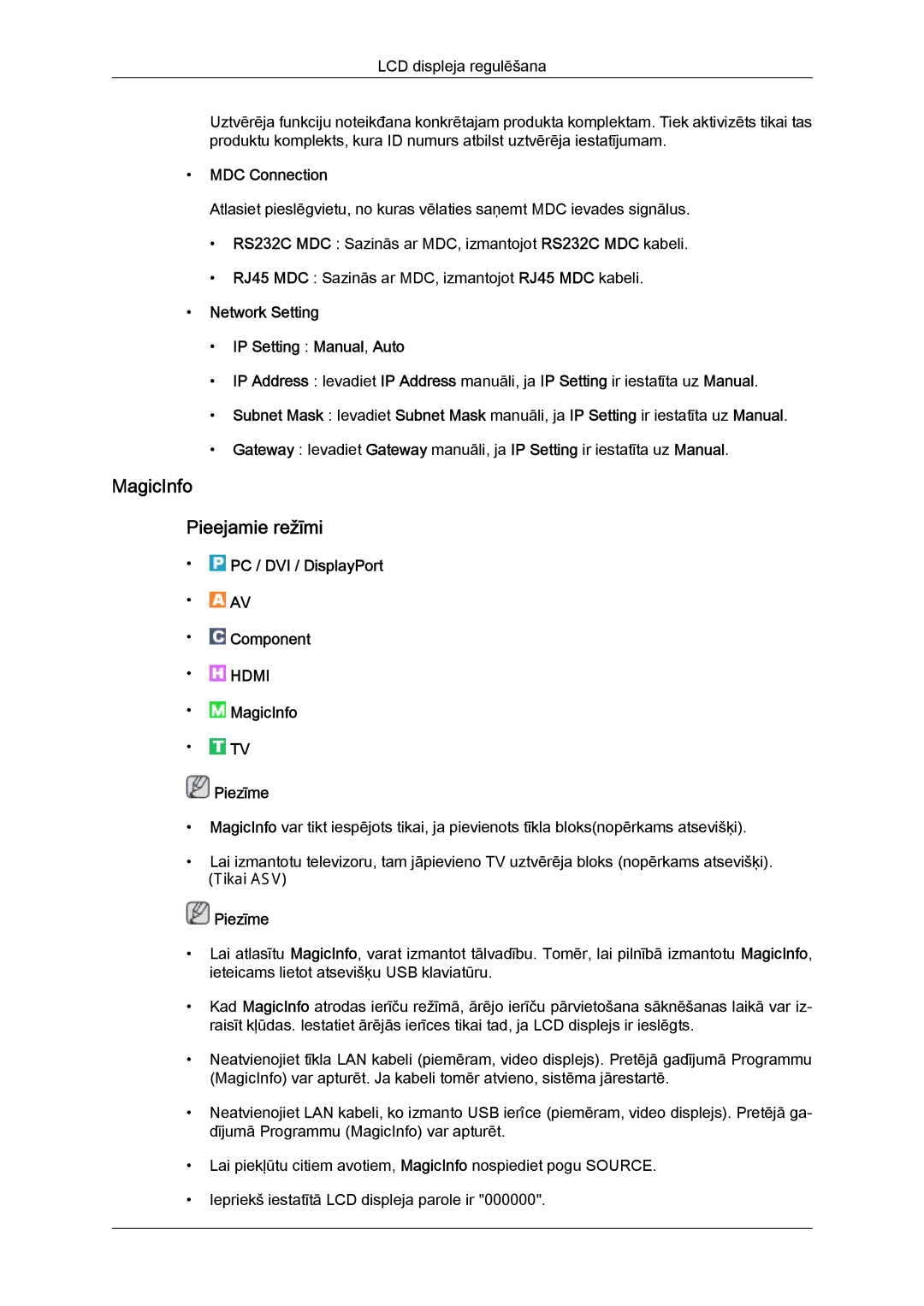 Samsung LH40CRPMBC/EN, LH40CRPMBD/EN MagicInfo Pieejamie režīmi, MDC Connection, Network Setting IP Setting Manual, Auto 