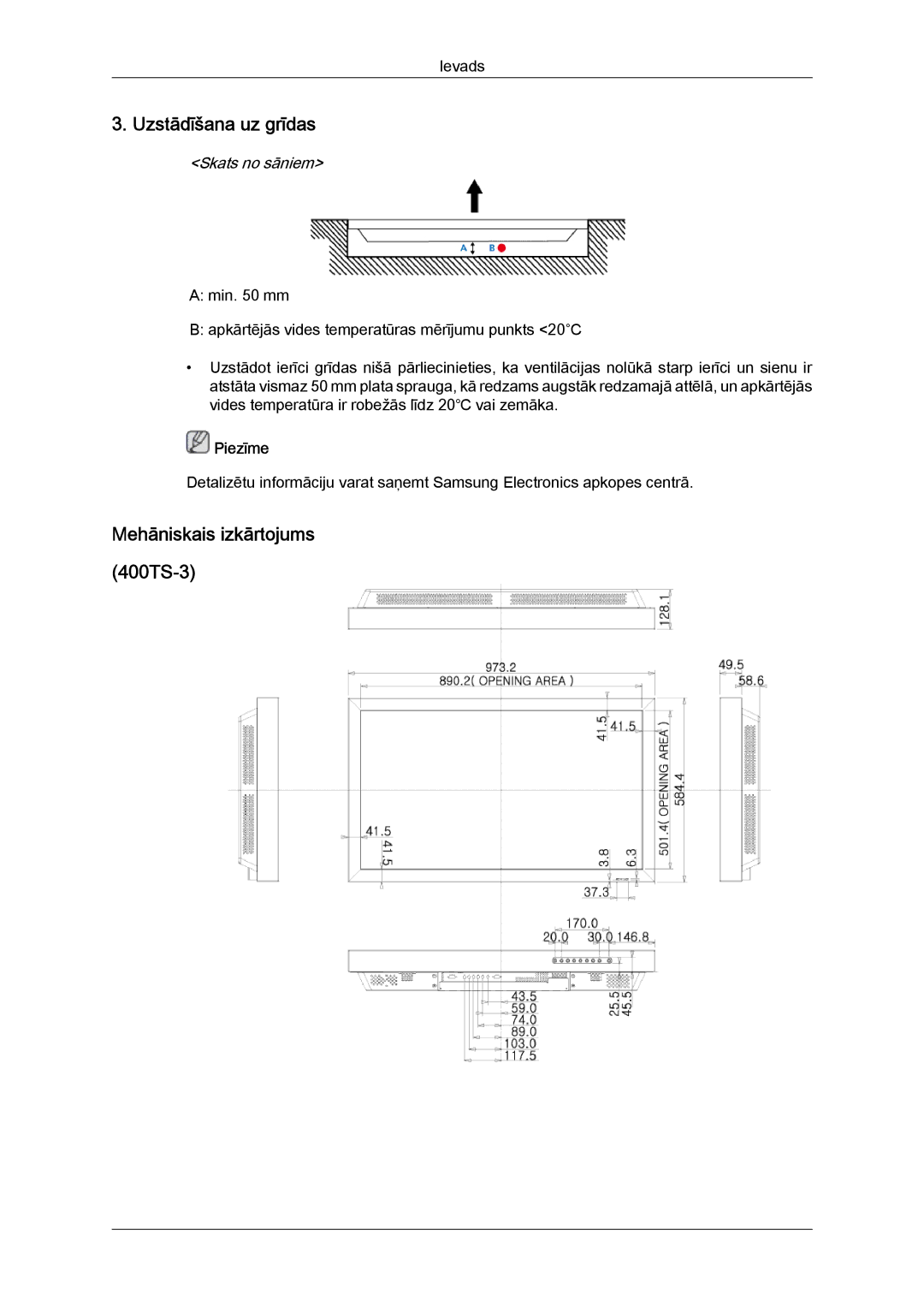 Samsung LH40CRPMBD/EN, LH40CRPMBC/EN manual Uzstādīšana uz grīdas, Mehāniskais izkārtojums 400TS-3 