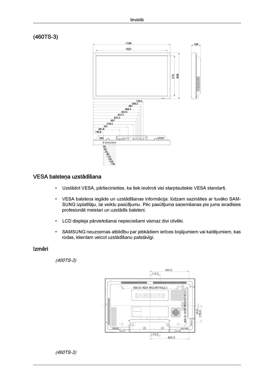 Samsung LH40CRPMBC/EN, LH40CRPMBD/EN manual 460TS-3 Vesa balsteņa uzstādīšana, Izmēri, 400TS-3 460TS-3 