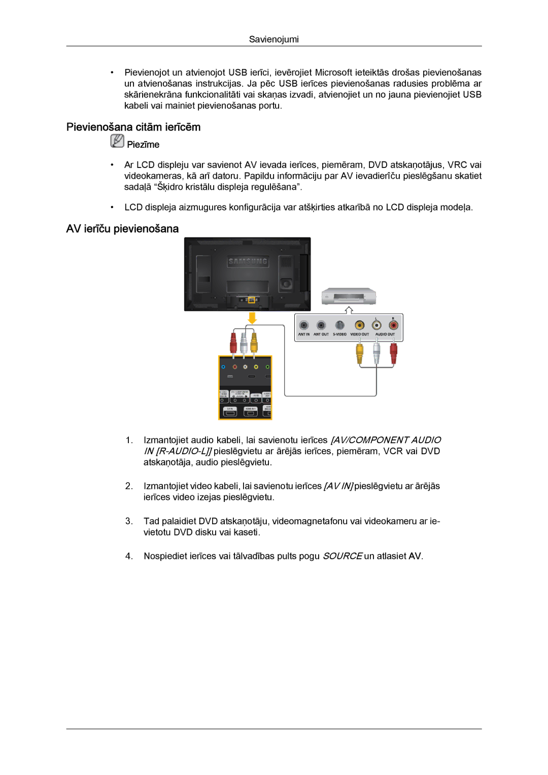 Samsung LH40CRPMBD/EN, LH40CRPMBC/EN manual Pievienošana citām ierīcēm, AV ierīču pievienošana 