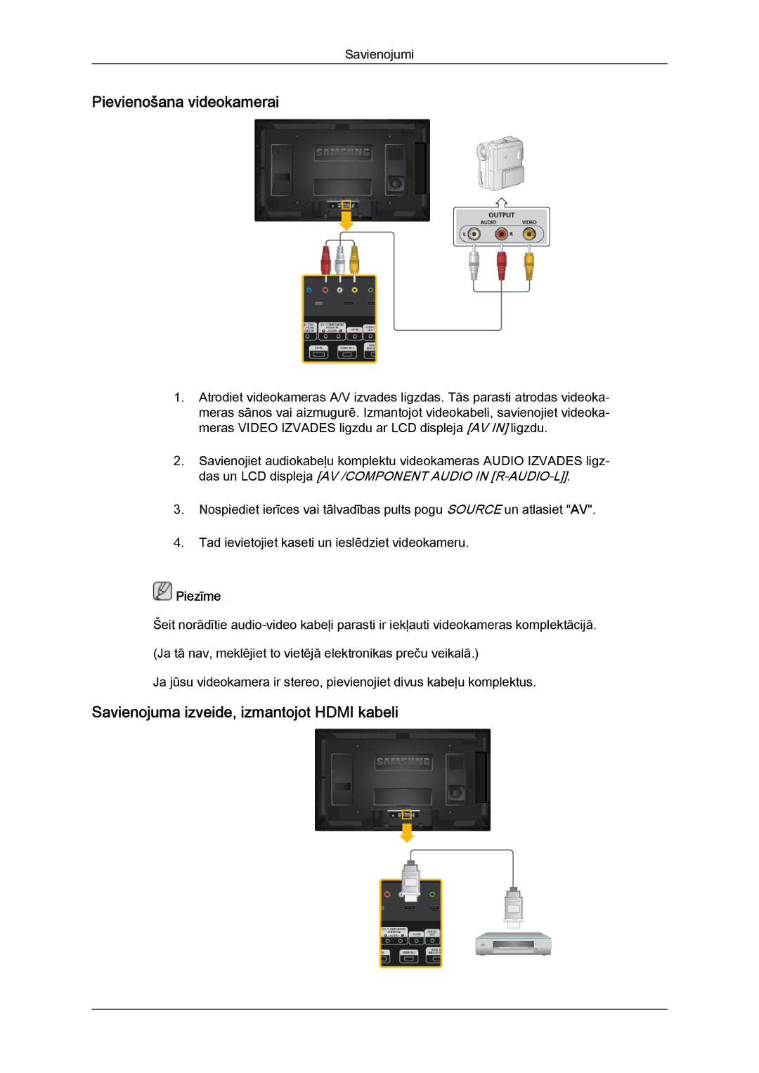 Samsung LH40CRPMBC/EN, LH40CRPMBD/EN manual Pievienošana videokamerai, Savienojuma izveide, izmantojot Hdmi kabeli 