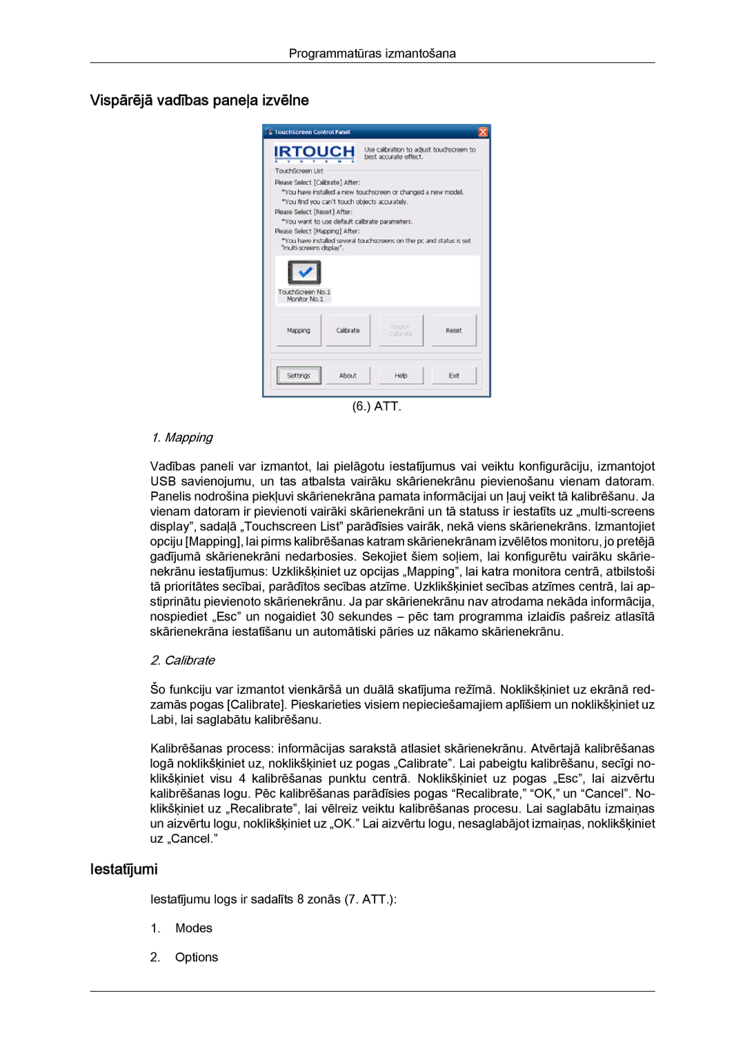 Samsung LH40CRPMBC/EN, LH40CRPMBD/EN manual Vispārējā vadības paneļa izvēlne, Iestatījumi, Mapping, Calibrate 