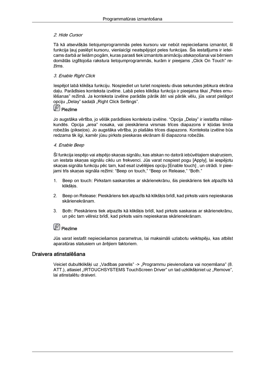 Samsung LH40CRPMBC/EN, LH40CRPMBD/EN manual Draivera atinstalēšana, Hide Cursor, Enable Right Click, Enable Beep 