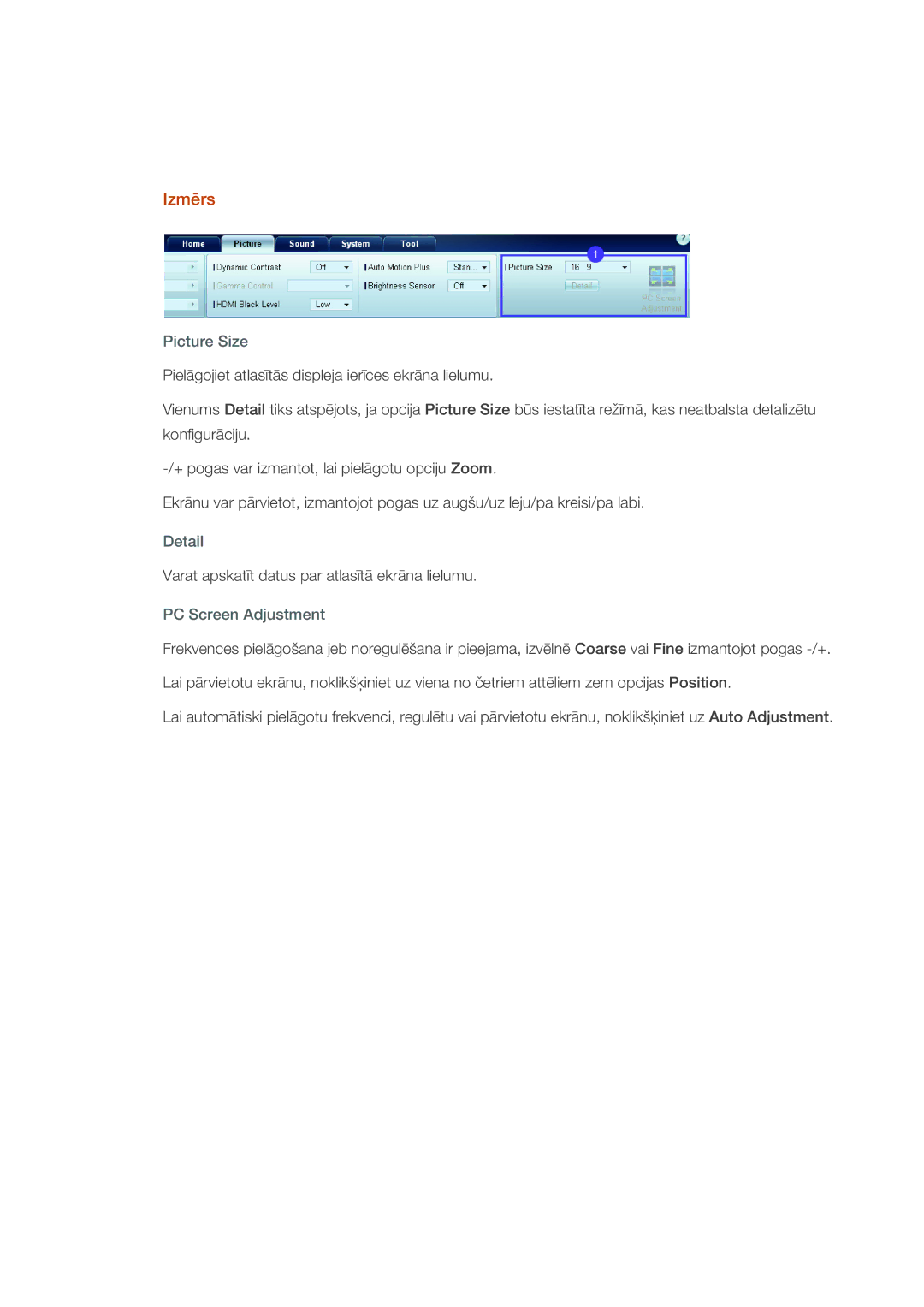 Samsung LH40CRPMBD/EN, LH40CRPMBC/EN manual Izmērs, Picture Size, Detail, PC Screen Adjustment 
