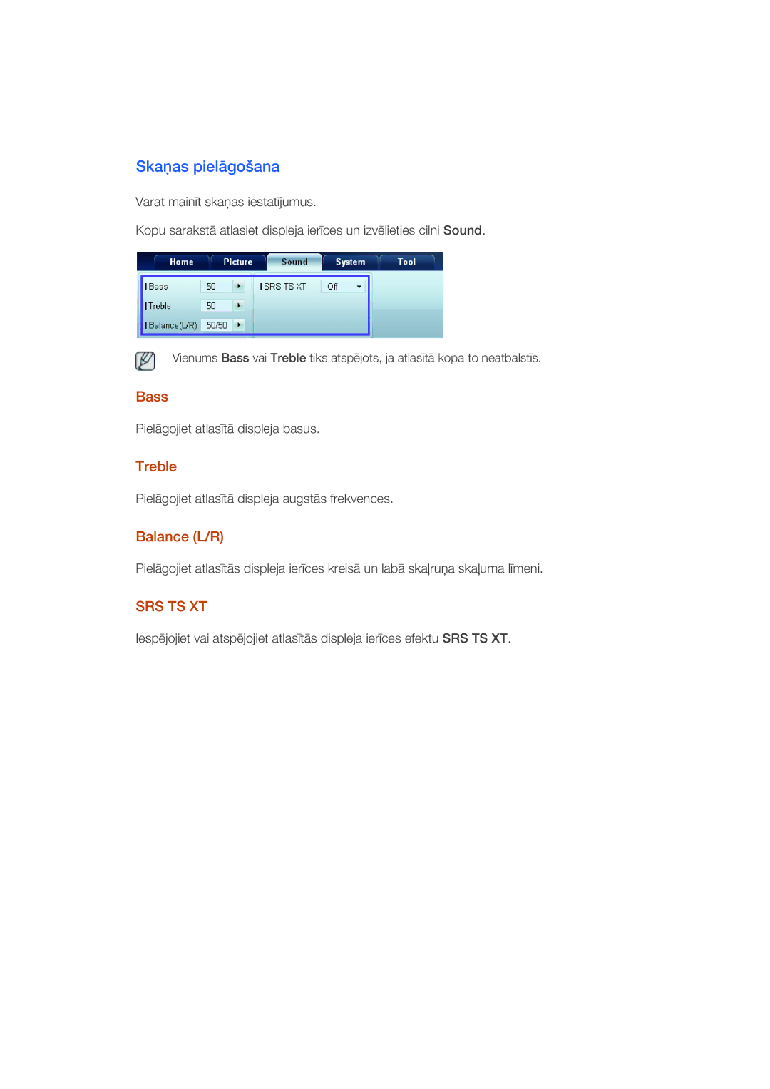 Samsung LH40CRPMBC/EN, LH40CRPMBD/EN manual Skaņas pielāgošana, Bass, Treble, Balance L/R 
