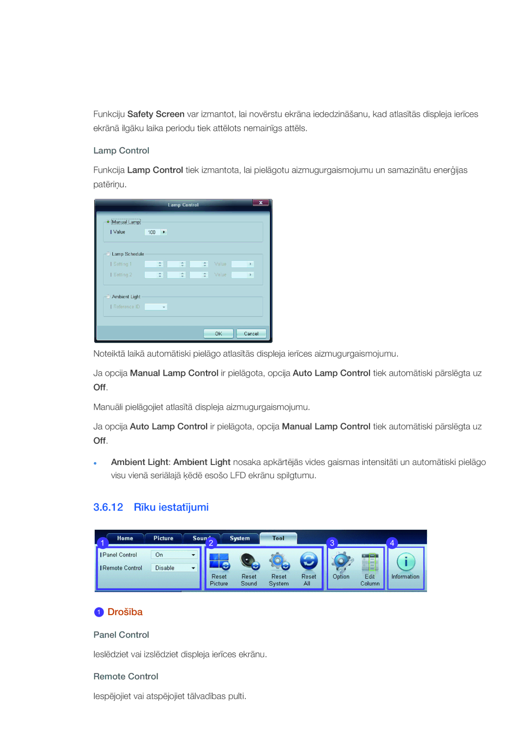 Samsung LH40CRPMBC/EN, LH40CRPMBD/EN manual 12 Rīku iestatījumi, Lamp Control, Panel Control, Remote Control 