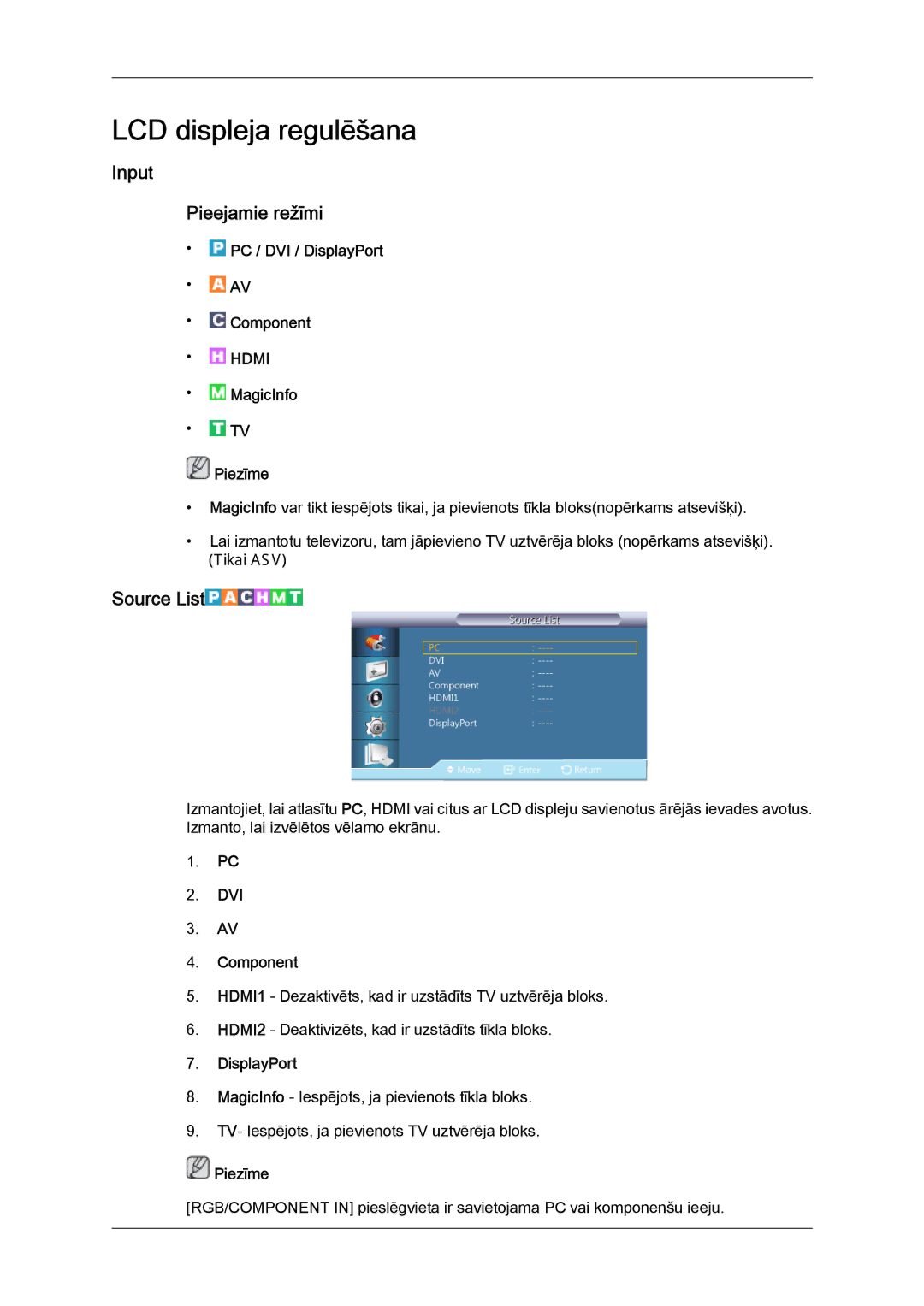 Samsung LH40CRPMBC/EN, LH40CRPMBD/EN manual Input Pieejamie režīmi, Source List 