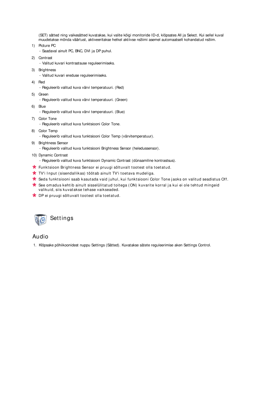 Samsung LH40CRPMBC/EN, LH40CRPMBD/EN manual Settings Audio 