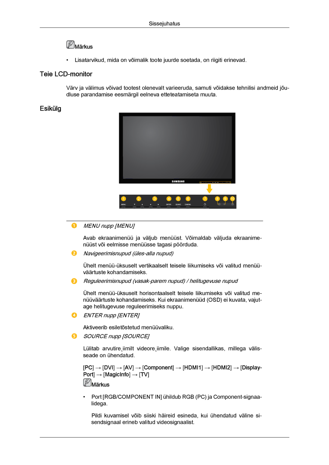 Samsung LH40CRPMBD/EN, LH40CRPMBC/EN manual Teie LCD-monitor, Esikülg 