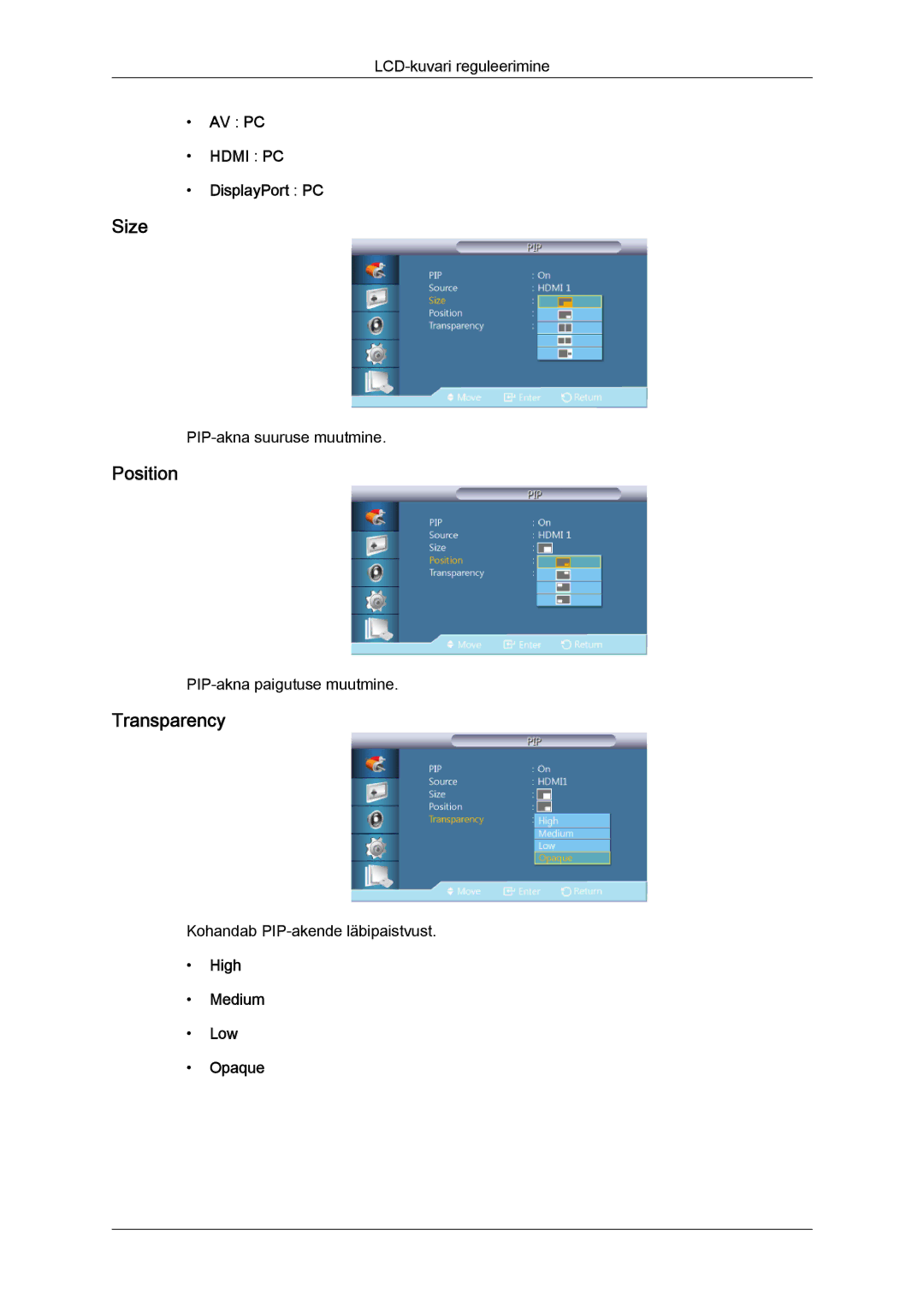 Samsung LH40CRPMBC/EN, LH40CRPMBD/EN manual Size, Position, Transparency 