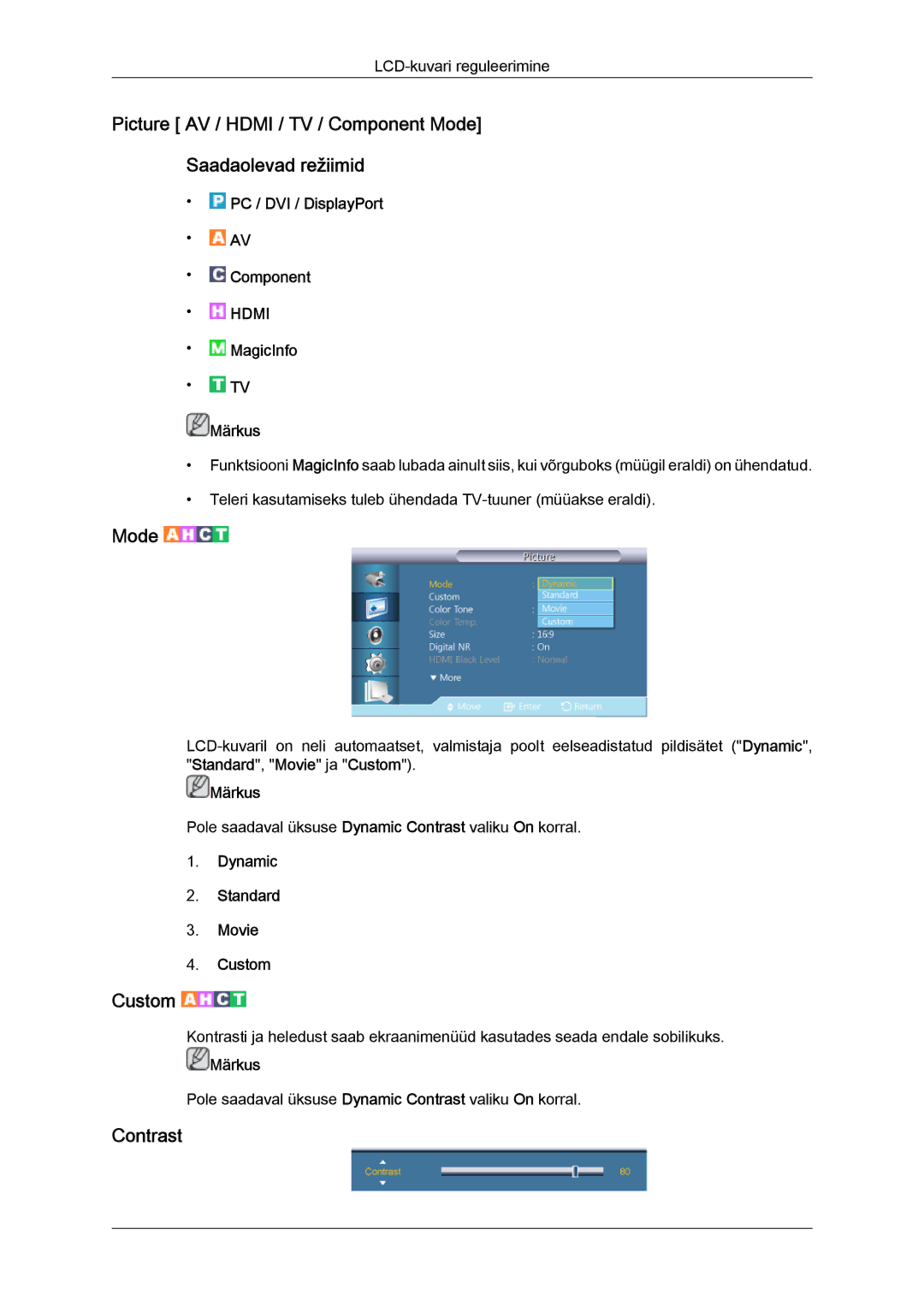 Samsung LH40CRPMBC/EN, LH40CRPMBD/EN manual Contrast, Dynamic Standard Movie Custom 