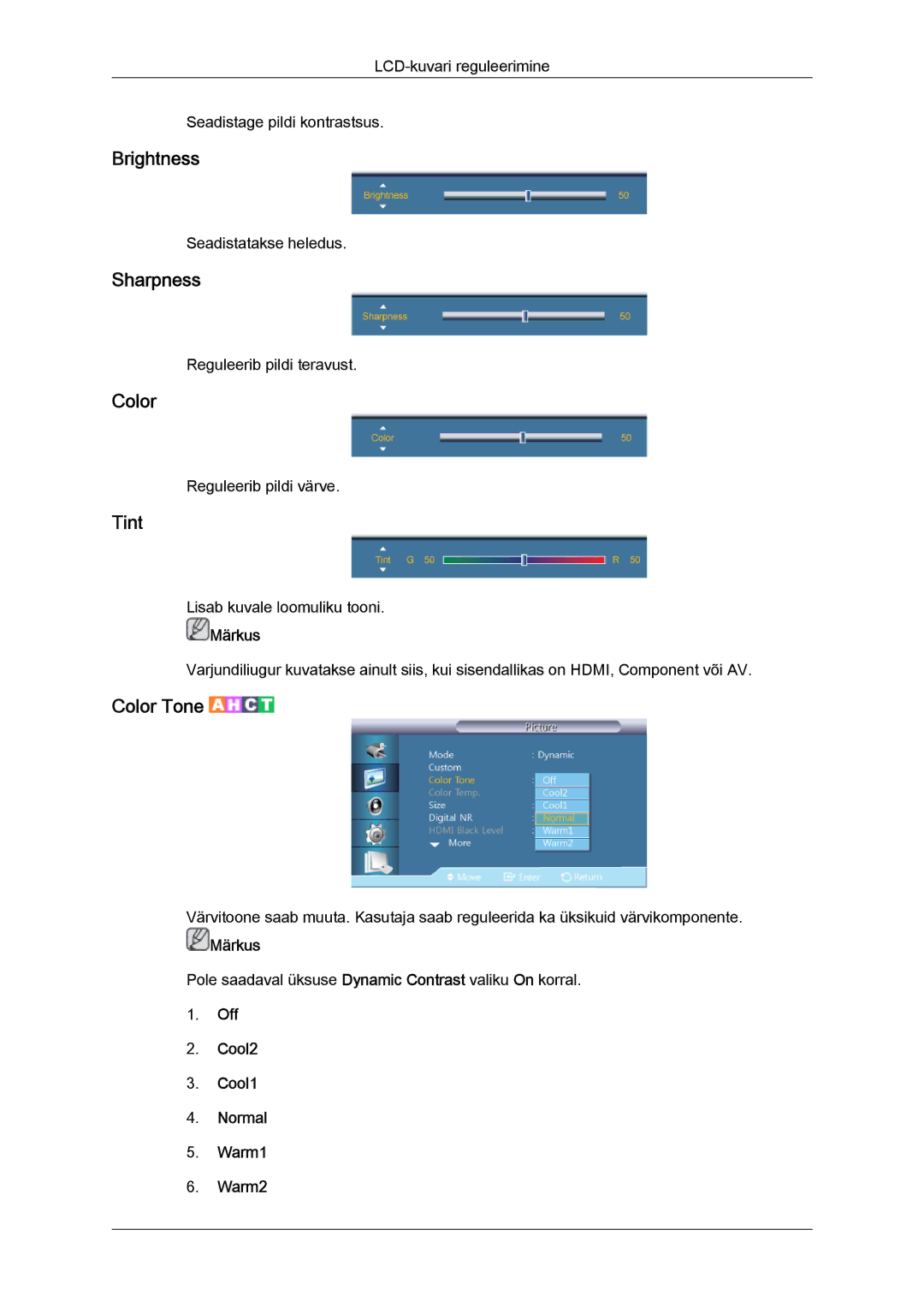 Samsung LH40CRPMBD/EN, LH40CRPMBC/EN manual Brightness, Sharpness, Color, Tint, Off Cool2 Cool1 Normal Warm1 Warm2 