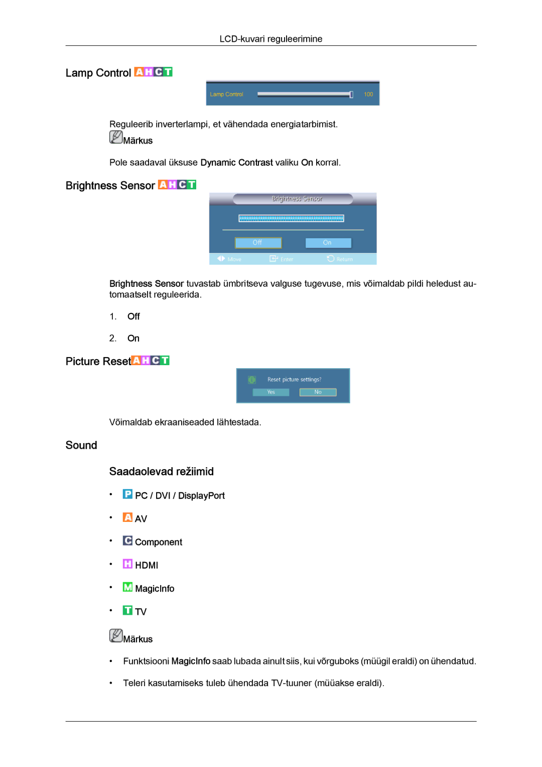 Samsung LH40CRPMBD/EN, LH40CRPMBC/EN manual Lamp Control, Sound Saadaolevad režiimid 