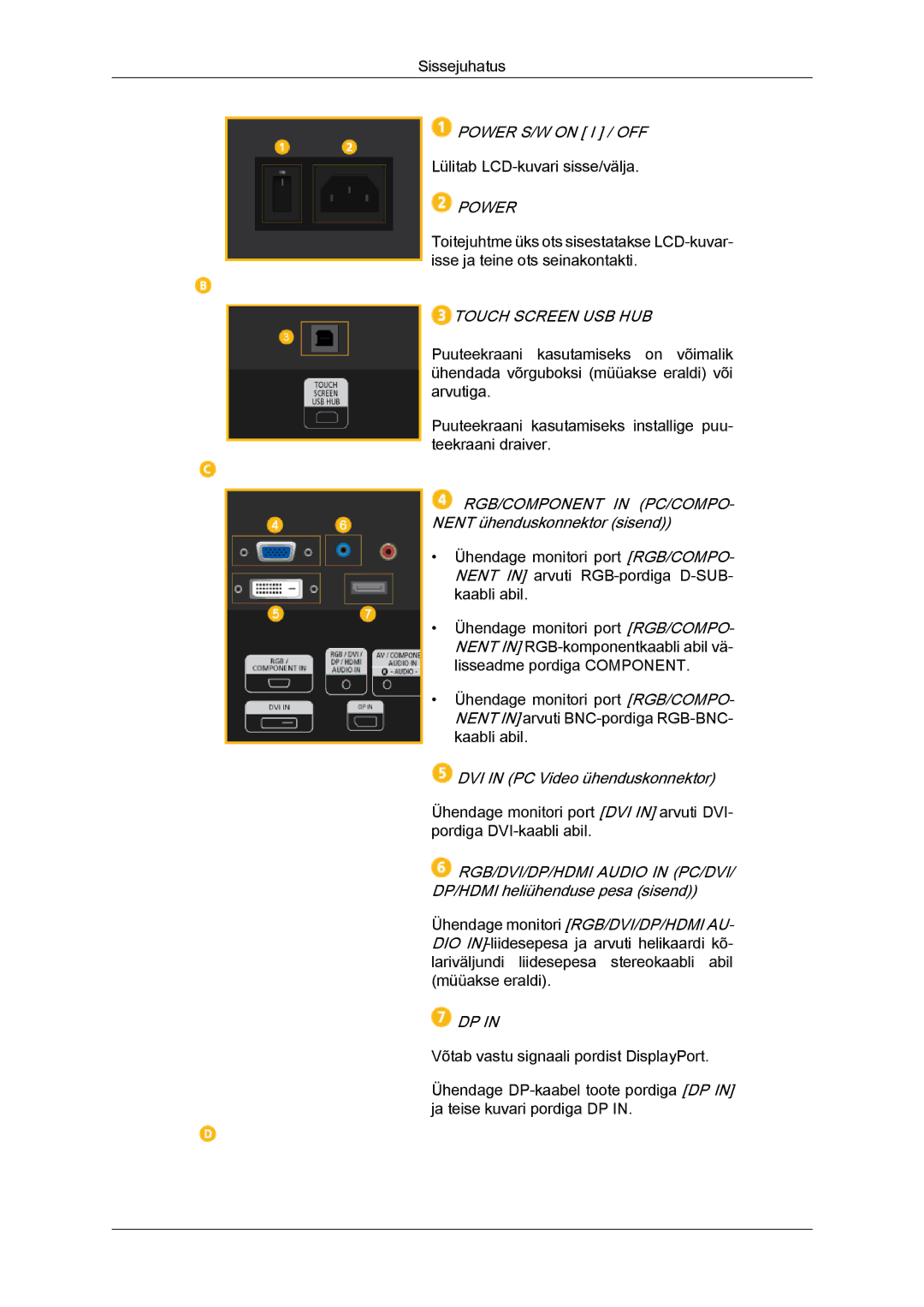 Samsung LH40CRPMBD/EN, LH40CRPMBC/EN manual Power S/W on I / OFF, RGB/COMPONENT in PC/COMPO- Nent ühenduskonnektor sisend 