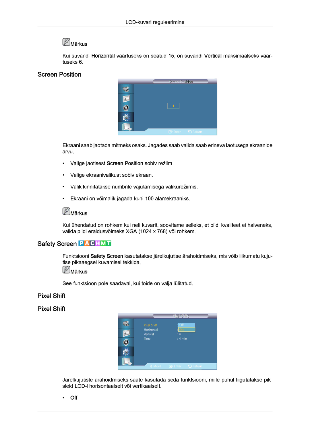 Samsung LH40CRPMBC/EN, LH40CRPMBD/EN manual Screen Position, Safety Screen, Pixel Shift 