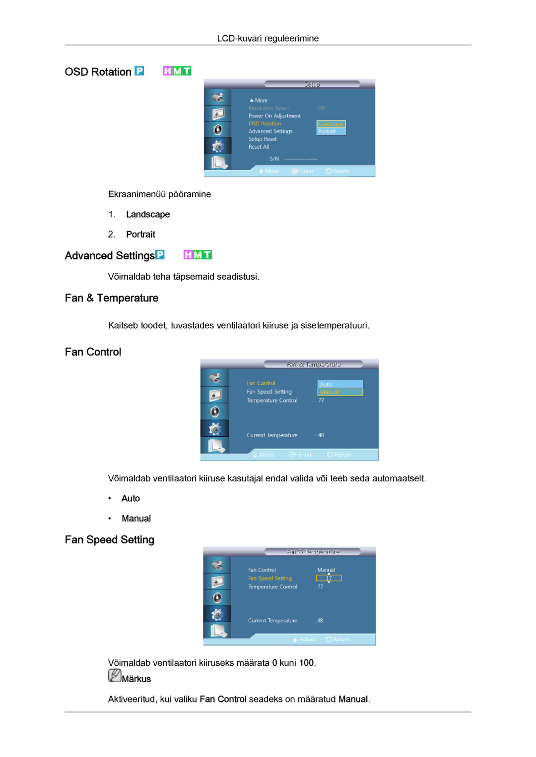 Samsung LH40CRPMBD/EN, LH40CRPMBC/EN OSD Rotation, Advanced Settings, Fan & Temperature, Fan Control, Fan Speed Setting 