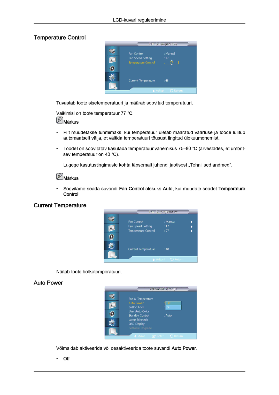 Samsung LH40CRPMBC/EN, LH40CRPMBD/EN manual Temperature Control, Current Temperature, Auto Power 