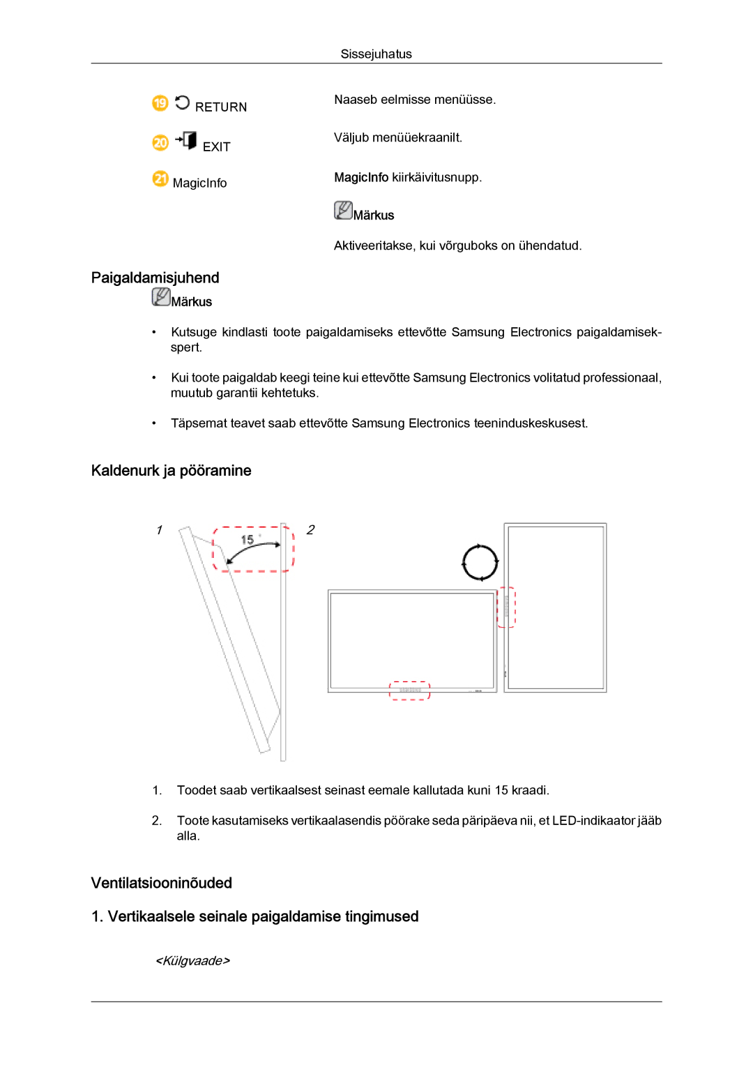 Samsung LH40CRPMBC/EN, LH40CRPMBD/EN manual Paigaldamisjuhend, Kaldenurk ja pööramine, Külgvaade 