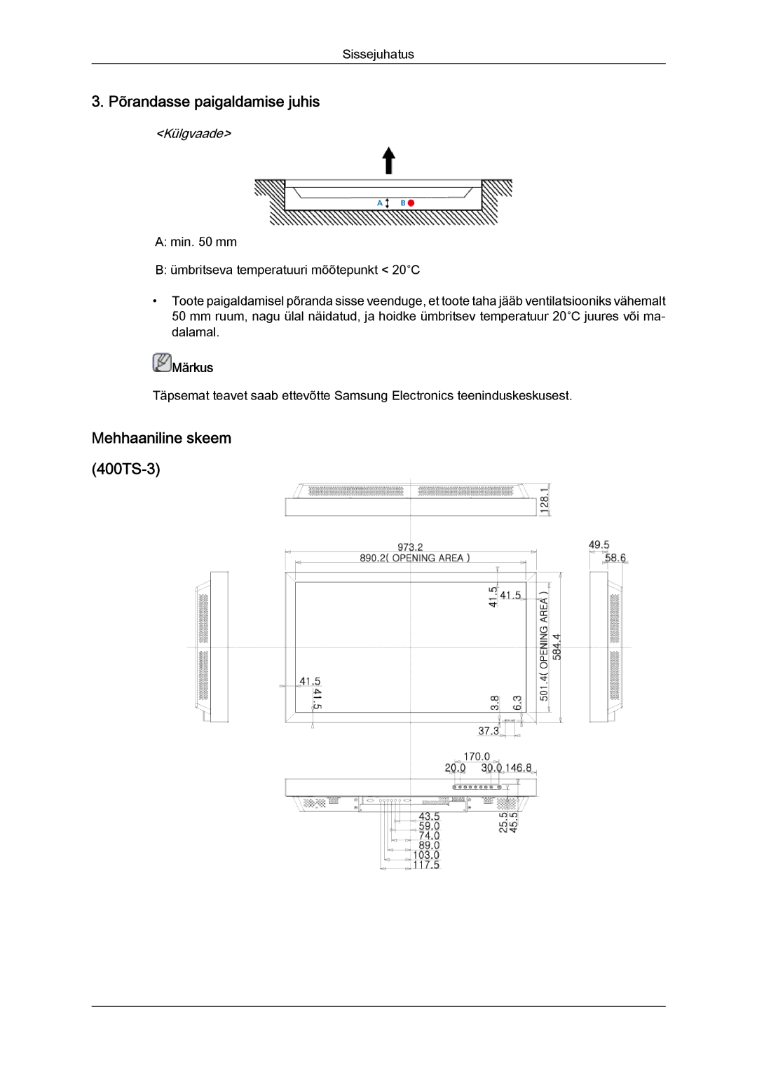 Samsung LH40CRPMBC/EN, LH40CRPMBD/EN manual Põrandasse paigaldamise juhis, Mehhaaniline skeem 400TS-3 