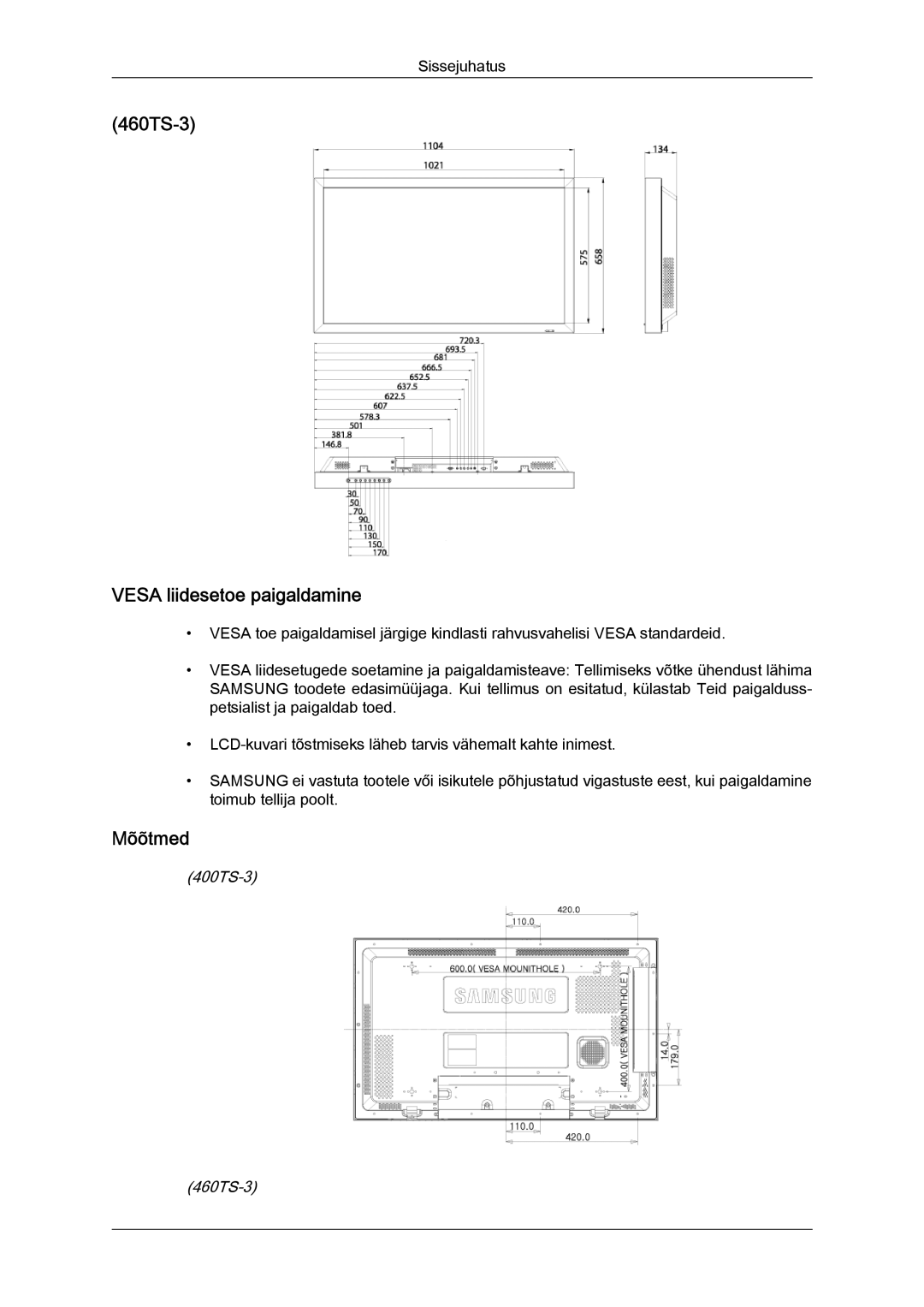 Samsung LH40CRPMBD/EN, LH40CRPMBC/EN manual 460TS-3 Vesa liidesetoe paigaldamine, Mõõtmed, 400TS-3 460TS-3 