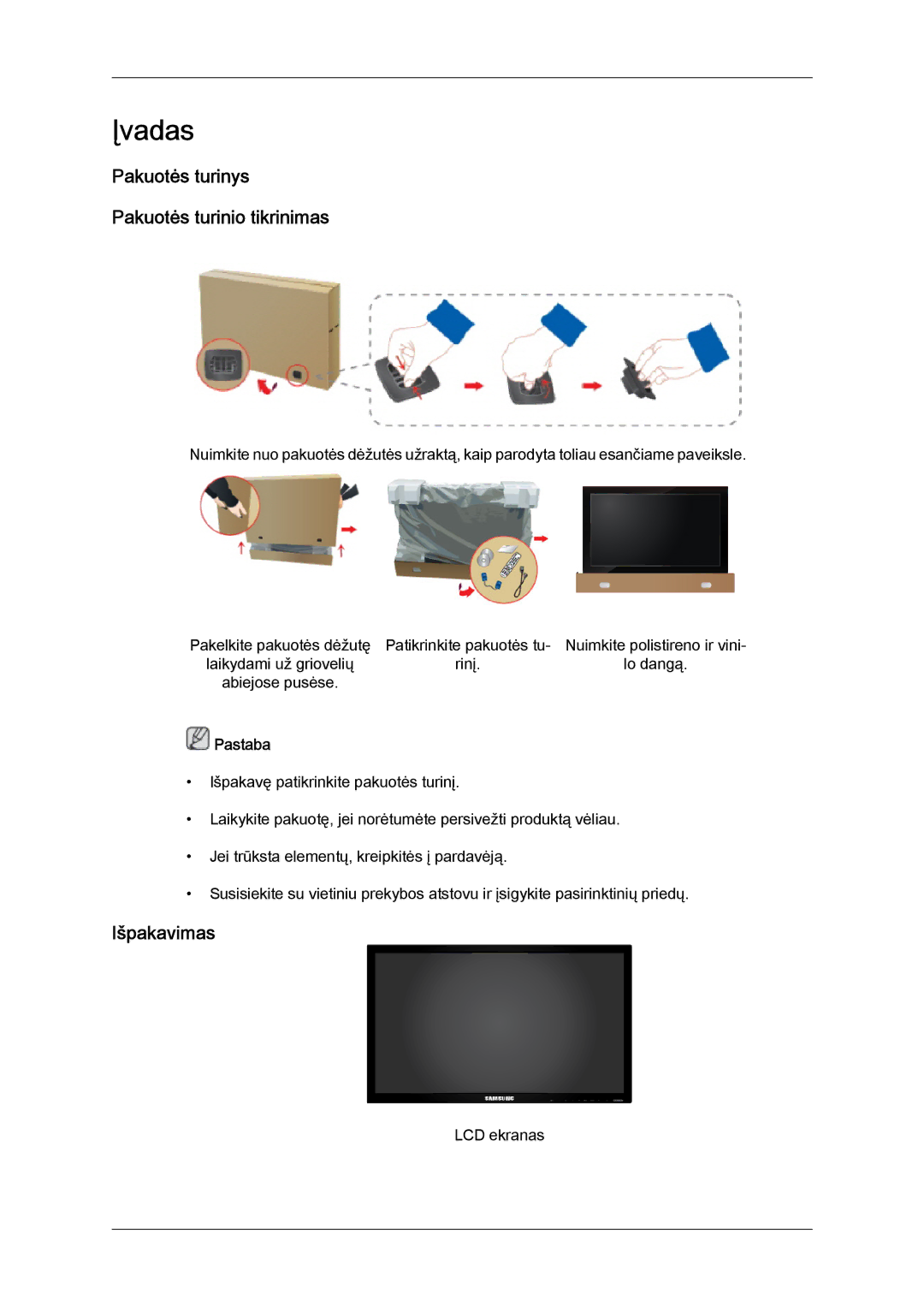 Samsung LH40CRPMBD/EN, LH40CRPMBC/EN manual Pakuotės turinys Pakuotės turinio tikrinimas, Išpakavimas 