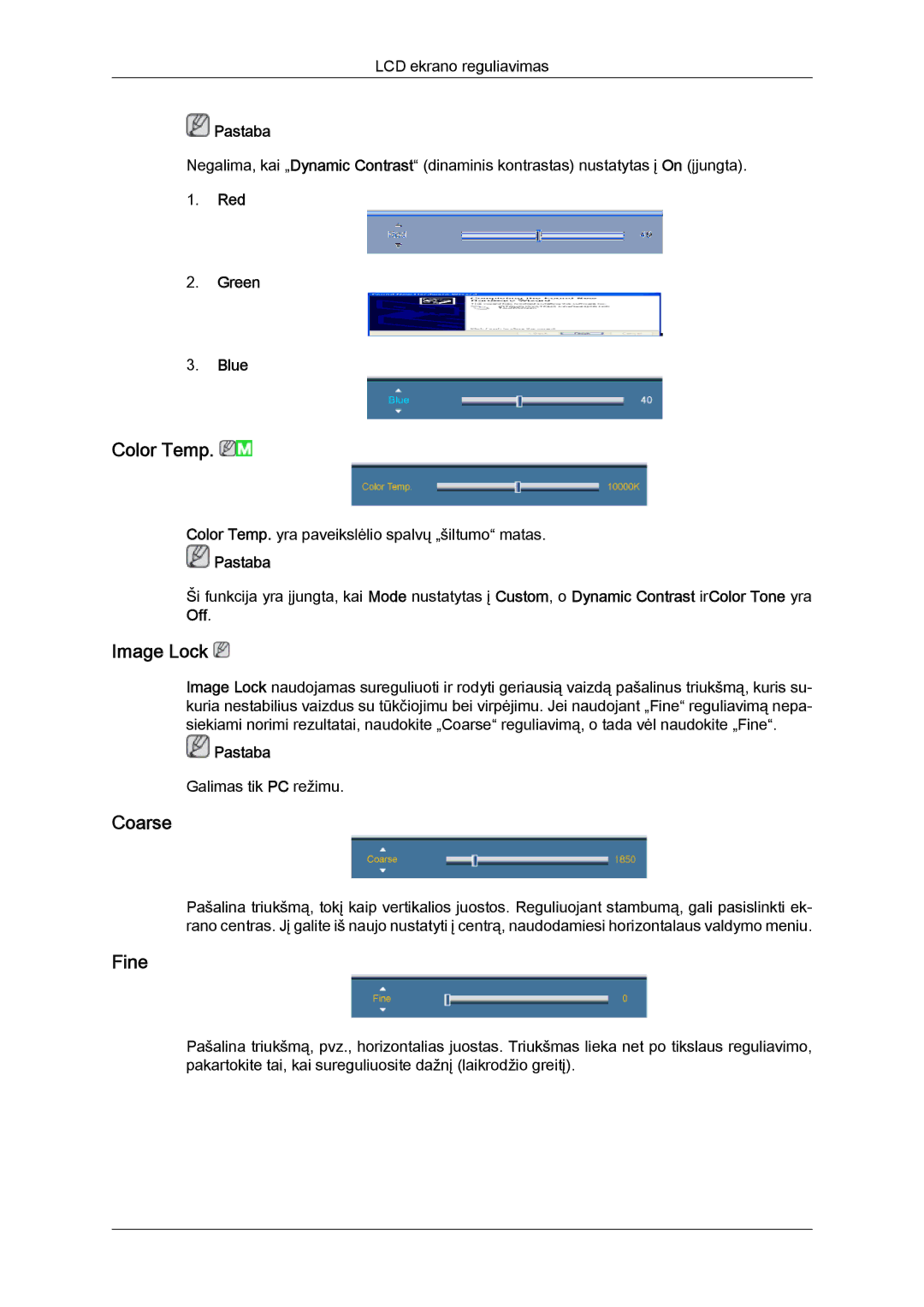 Samsung LH40CRPMBC/EN, LH40CRPMBD/EN manual Color Temp, Image Lock, Coarse, Fine, Red Green Blue 