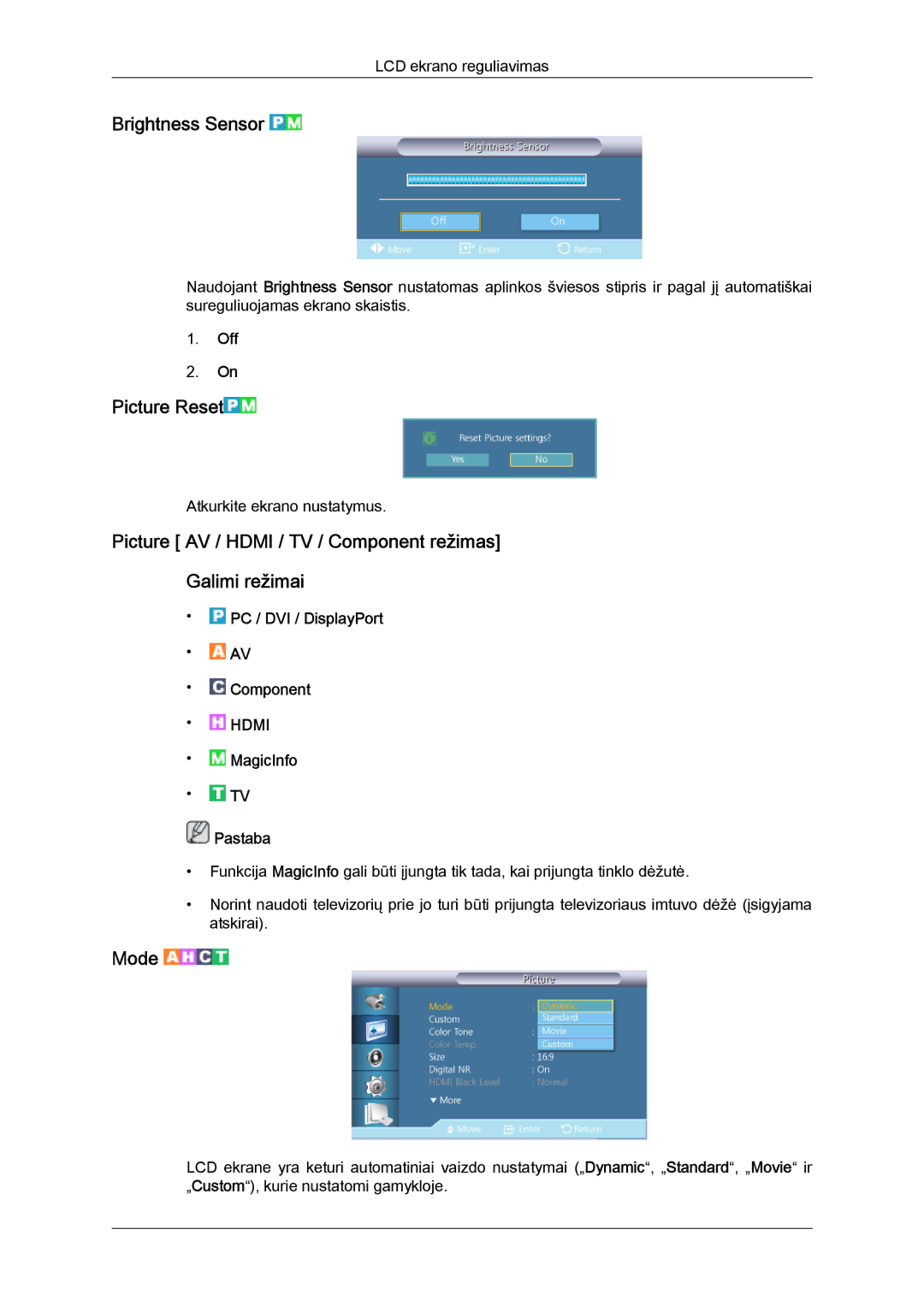 Samsung LH40CRPMBC/EN manual Brightness Sensor, Picture Reset, Picture AV / Hdmi / TV / Component režimas Galimi režimai 