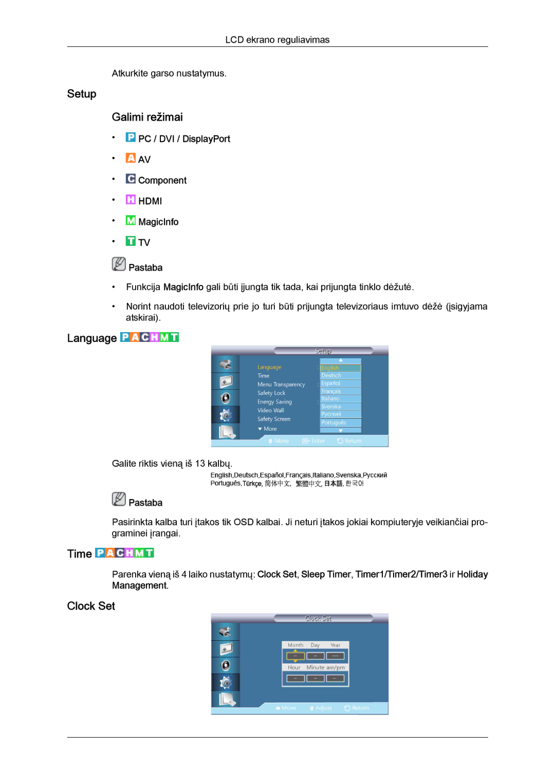 Samsung LH40CRPMBD/EN, LH40CRPMBC/EN manual Setup Galimi režimai, Language, Time, Clock Set 