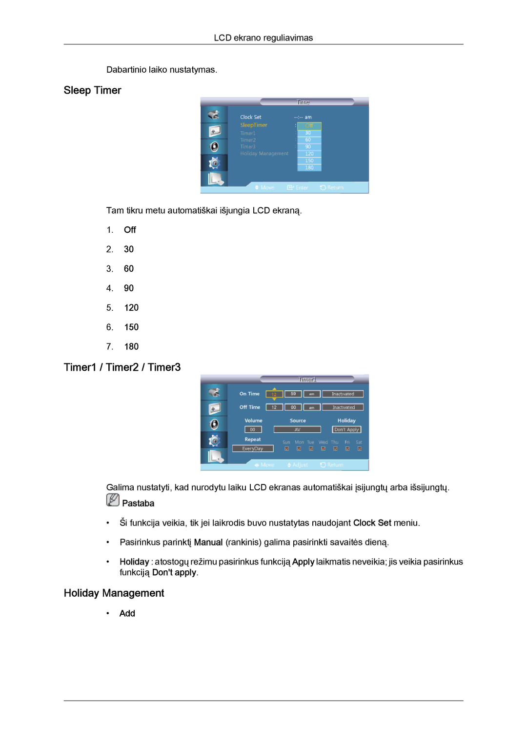 Samsung LH40CRPMBC/EN, LH40CRPMBD/EN manual Sleep Timer, Timer1 / Timer2 / Timer3, Holiday Management, Add 