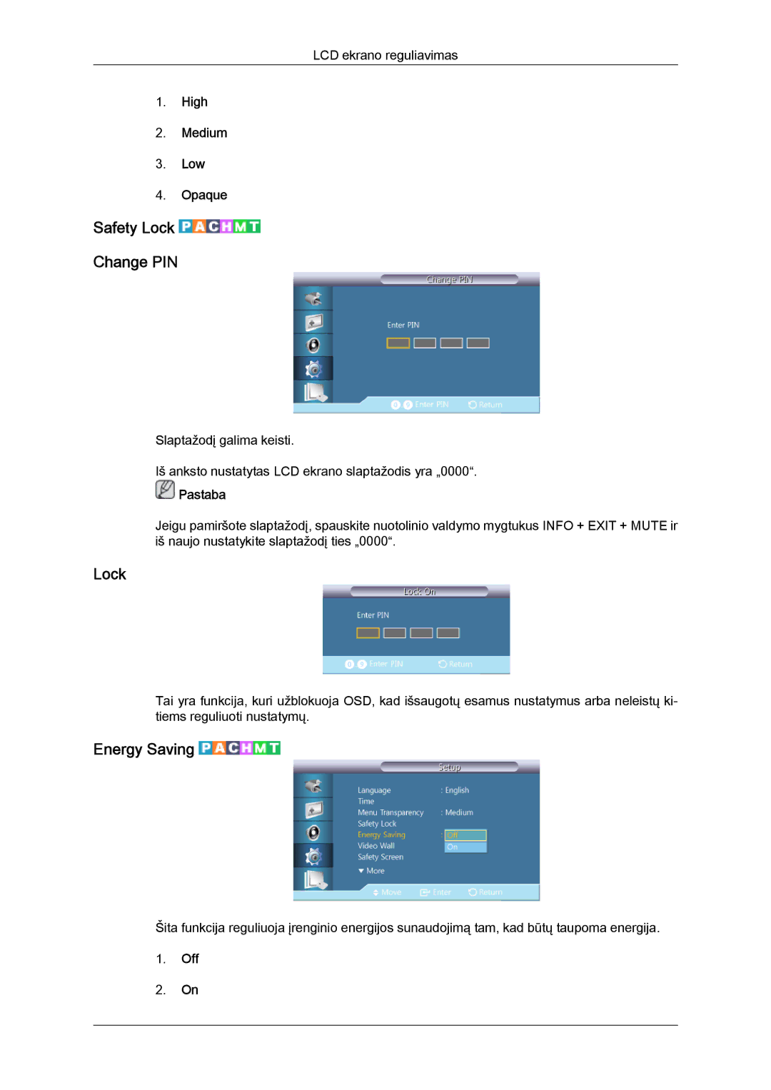 Samsung LH40CRPMBC/EN, LH40CRPMBD/EN manual Safety Lock Change PIN, Energy Saving, High Medium Low Opaque 