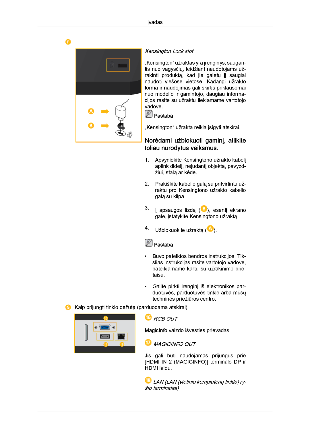 Samsung LH40CRPMBC/EN, LH40CRPMBD/EN manual Kensington Lock slot, LAN LAN vietinio kompiuterių tinklo ry- šio terminalas 