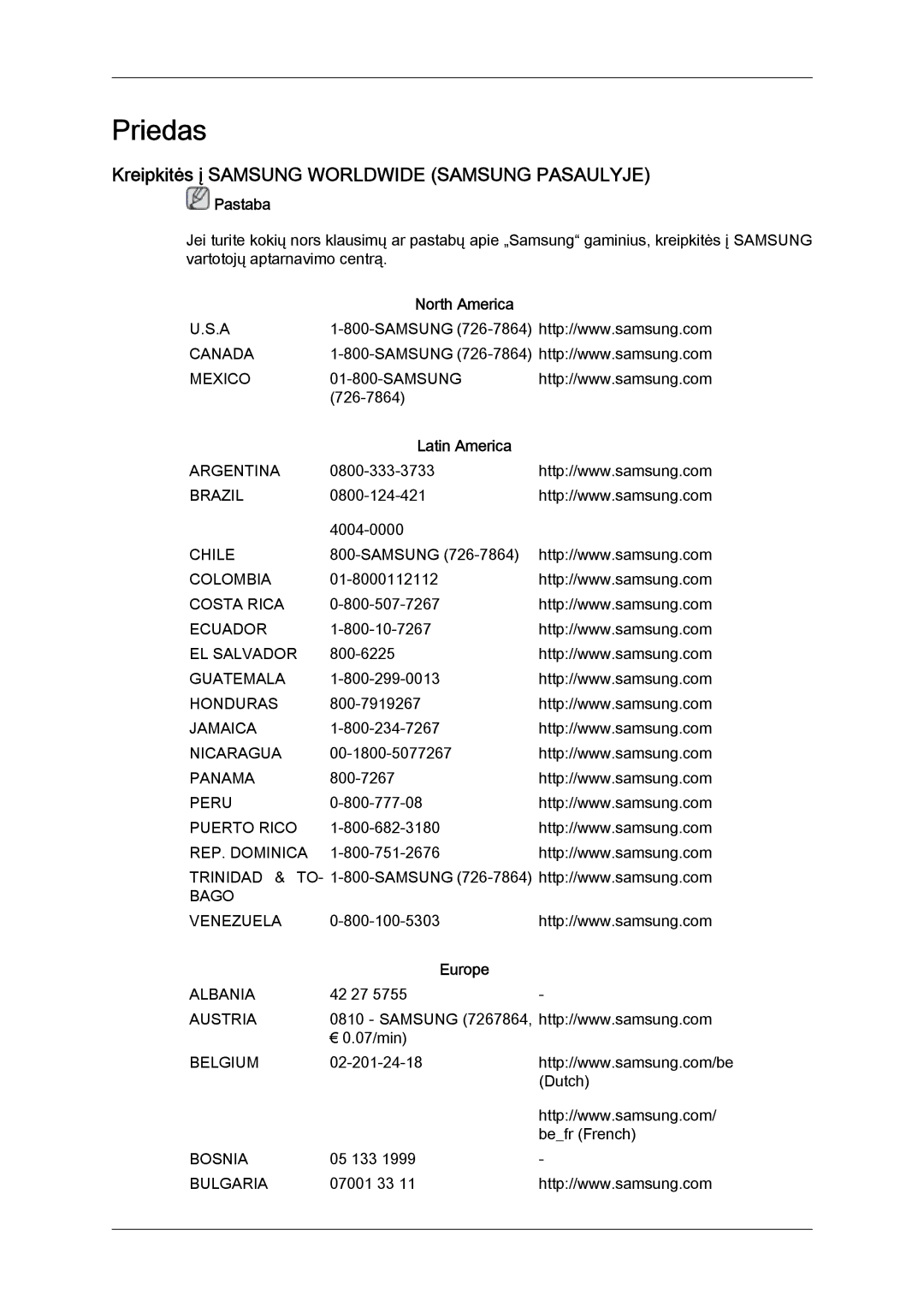 Samsung LH40CRPMBC/EN manual Kreipkitės į Samsung Worldwide Samsung Pasaulyje, North America, Latin America, Europe 