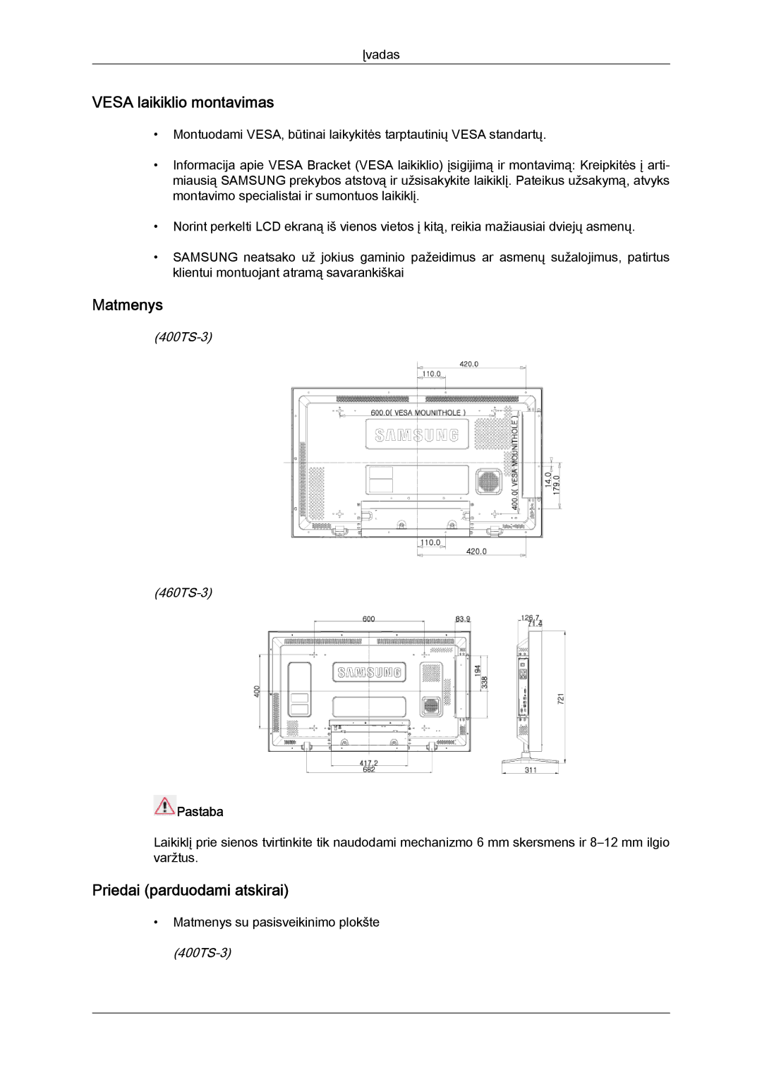 Samsung LH40CRPMBC/EN, LH40CRPMBD/EN Vesa laikiklio montavimas, Matmenys, Priedai parduodami atskirai, 400TS-3 460TS-3 